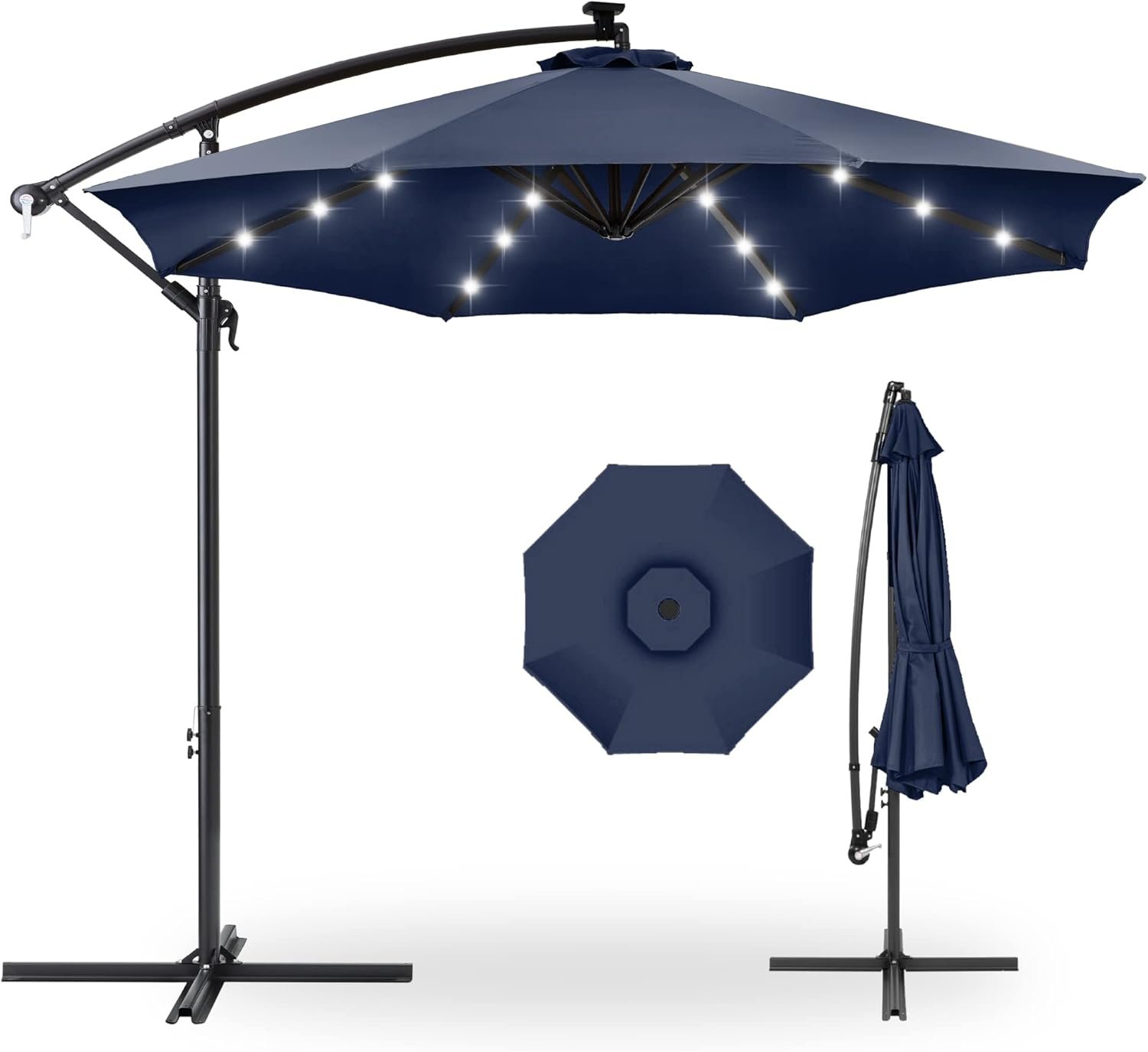 Best Choice Products 10ft Solar LED Offset Cantilever Hanging Market Patio Umbrella, 8 Sturdy Ribs, Easy Adjustment – Navy Blue