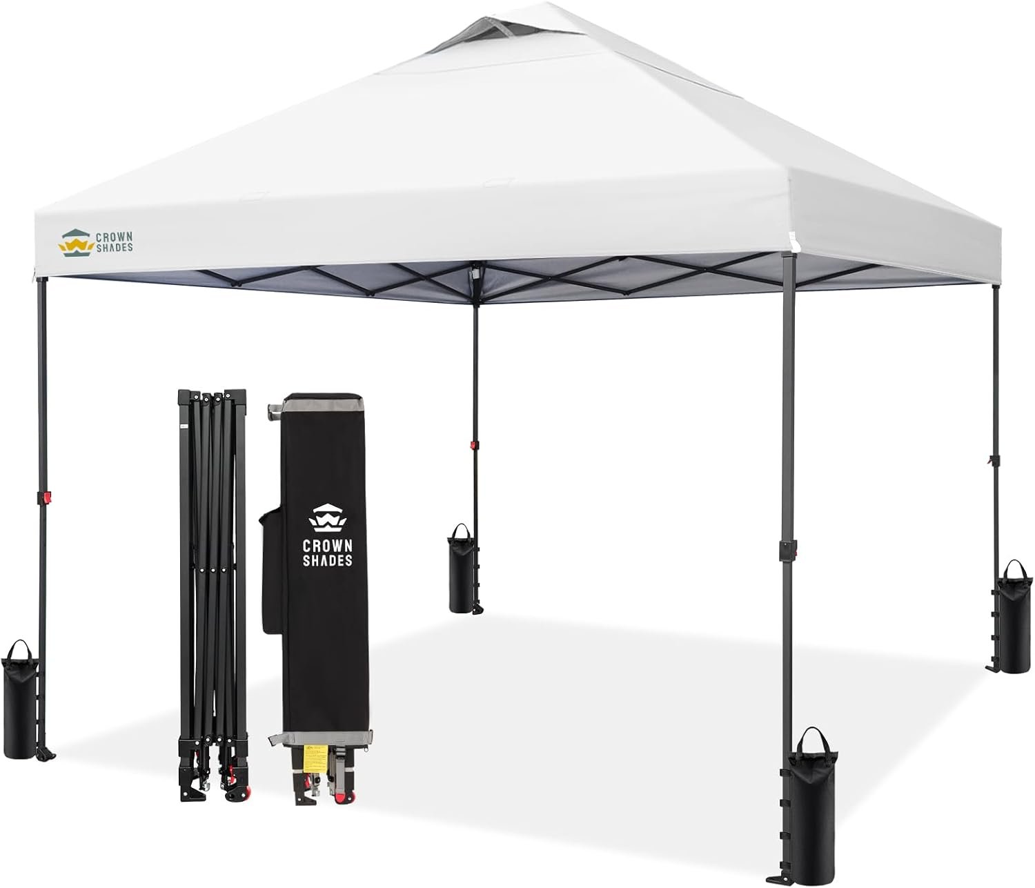 CROWN SHADES 10×10 Pop Up Canopy – Patented Center Lock One Push Instant Outdoor Canopy Beach Tent with STO-N-Go Bag 8 Stakes & 4 Sand Bags，White