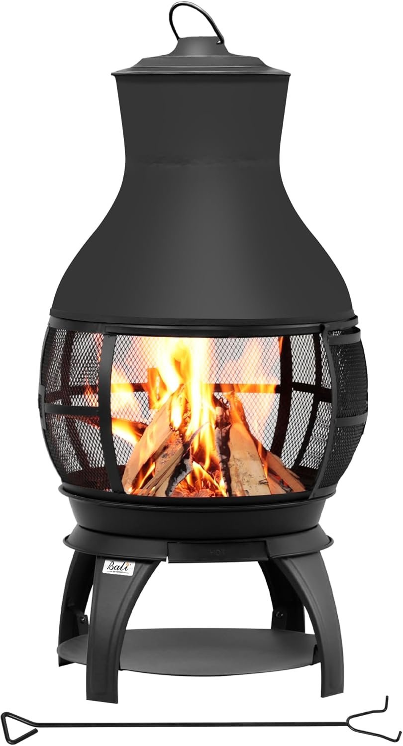 BALI OUTDOORS Fire Pit Wood Burning Chiminea Outside Fireplace Patio Small Firepit, Size 17.7″ W x 35.6″ H, Brown-Black