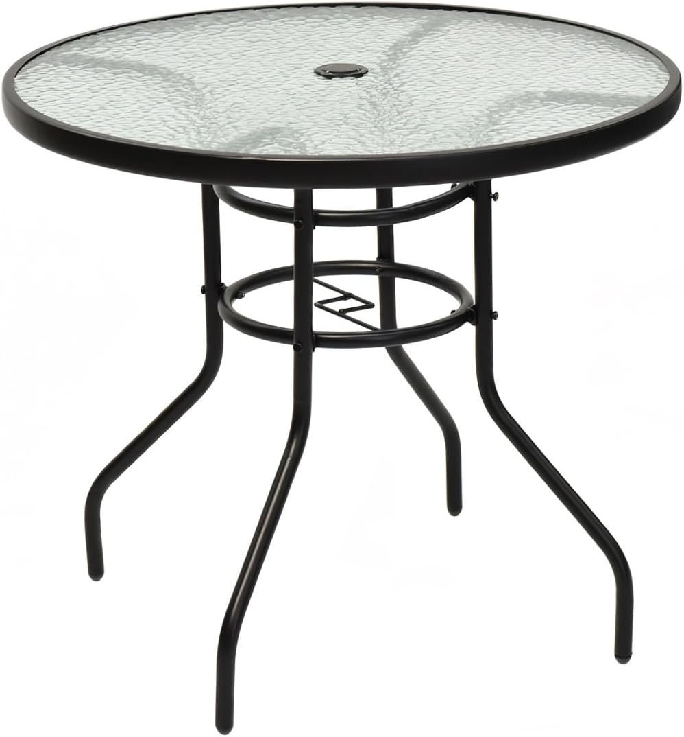 Tangkula 32″ Round Outdoor Table with Tempered Glass Top, Patio Dining Table with Umbrella Hole & Metal Frame, Outside Bistro Table for Backyard, Lawn, Deck & Poolside