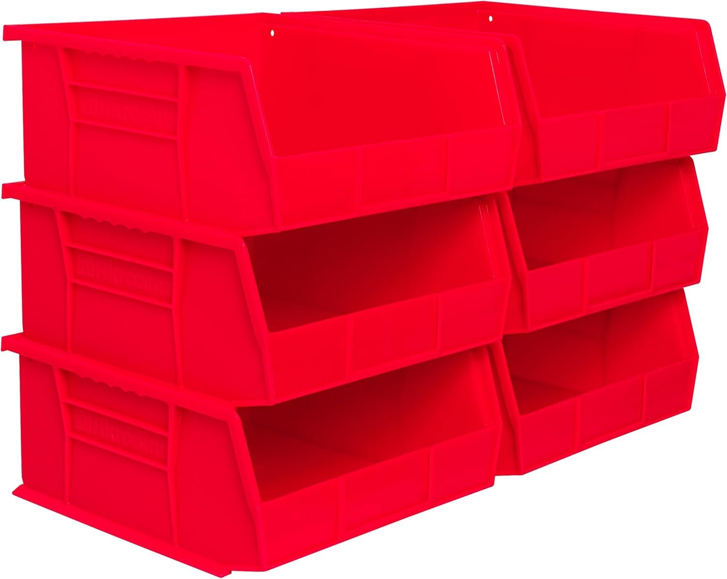 Akro-Mils 30235 AkroBins Plastic Storage Bins, Space-Saving Stackable Bins for Garage, Pantry, Craft Organization, 11″ x 11″ x 5″, Red, 6-Pack