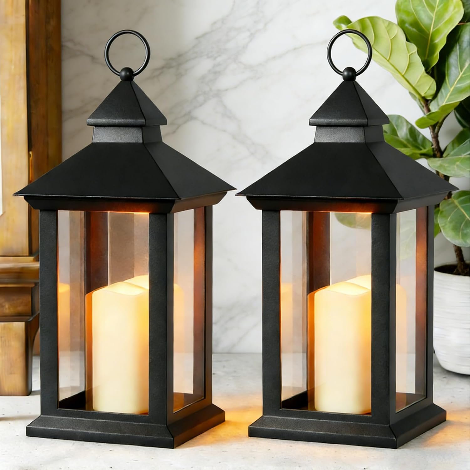 JOIONE Lanterns Decorative Indoor, 2 Packs 14″ Battery-Powered Waterproof Black LED Candle Lanterns with Timer for Patio & Outdoor, Vintage Hanging Lantern for Home Decorations, Transparent