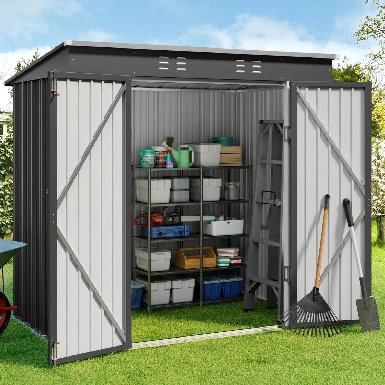 Gizoon 6′ x 4′ Outdoor Storage Shed with Double Lockable Doors, Anti-Corrosion Metal Garden Shed, Waterproof Shed Outdoor Storage Clearance for Backyard Patio Lawn-Dark Gray