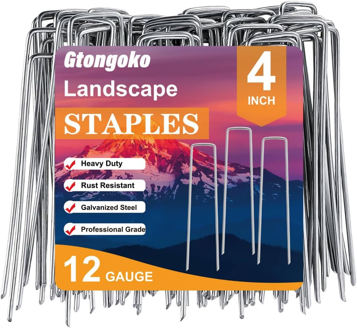 Gtongoko 50 Pack Landscape Staples 4 Inch Galvanized Garden Stakes, 12 Gauge Heavy Duty Sod Staples for Weed Barrier Fabric, Plant Covers, Netting, Irrigation Hose & Holiday Decorations