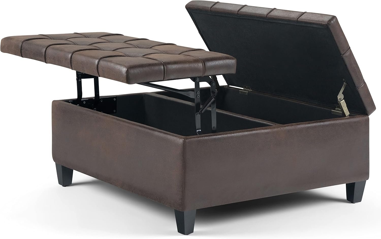 SIMPLIHOME Harrison Coffee Table Storage Ottoman – 36 inch Wide Upholstered Vegan Leather Square Lift-Top Ottoman in Distressed Brown, Transitional Ottoman for Living Room with Hidden Storage