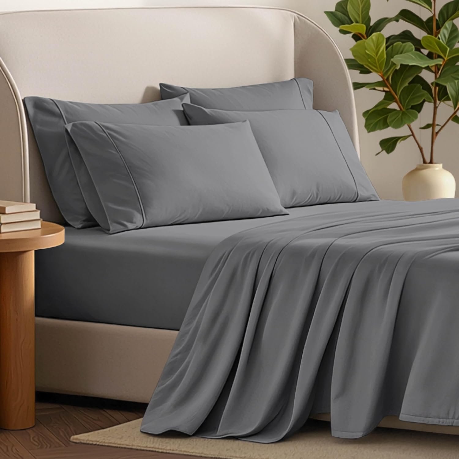 Bare Home Hotel Luxury Queen Sheet Set, Extra Soft – 6 Piece Set – Deep Pockets – Easy Fit – Cooling & Breathable – Wrinkle, Fade, Stain Resistant – Includes 4 Pillowcases (Queen, Grey)