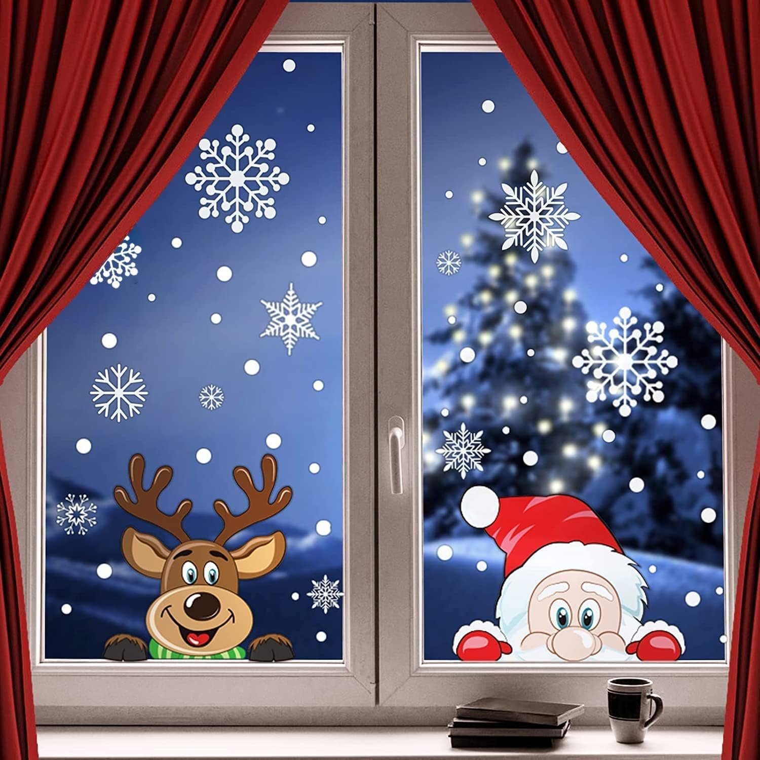300 PCS 8 Sheet Christmas Snowflake Window Cling Stickers for Glass, Xmas Decals Decorations Holiday Snowflake Santa Claus Reindeer Decals for Christmas Home Glass Decoration Party Supplies