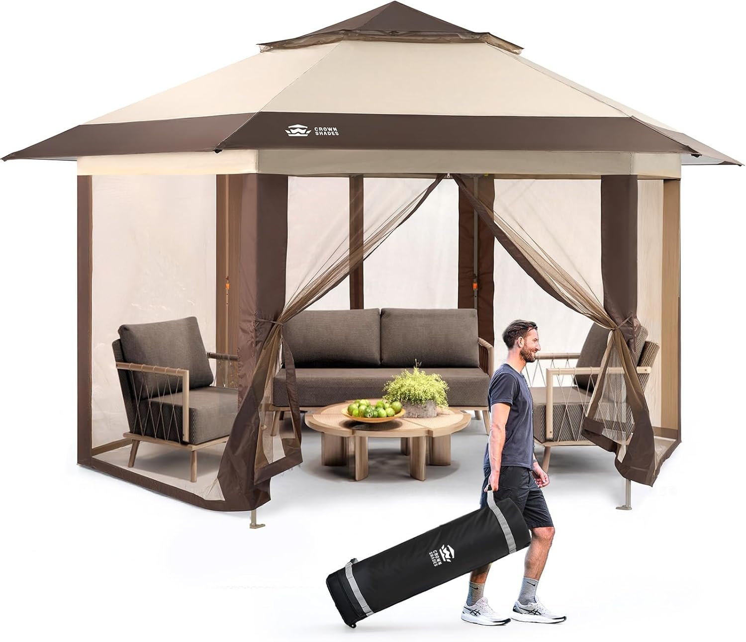 CROWN SHADES 13×13 Pop Up Gazebo with Mosquito Nettings, Patented CENTERLOK 6-Sided Portable Gazebo, 300D Silver-Coated Fabric UV Resistant, Pop Up Canopy Tent for Patio, Party, Beige&Coffee