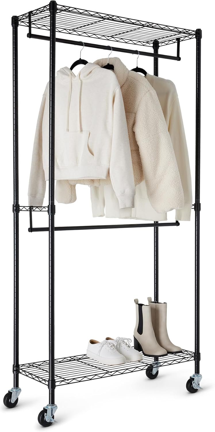 Amazon Basics Adjustable Double Rod Rolling Garment Rack, Hanging Clothes Closet Organizer with Wheels, Heavy Duty, 36″ x 14″ x 72″, Black