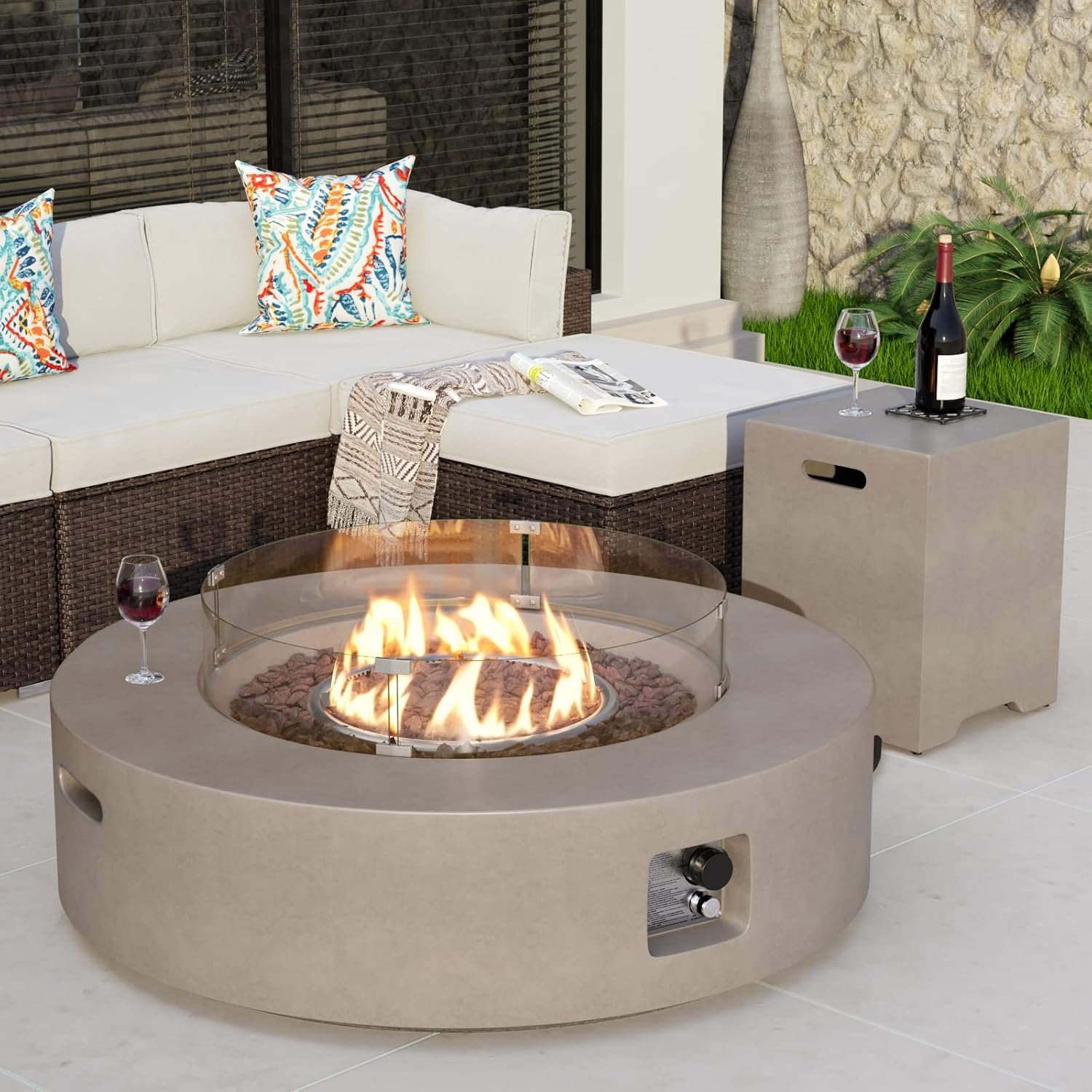 COSIEST 2-Piece Outdoor Propane Firepit Table Set w Tank Table, 42″ Fire Table Certified, 50,000 BTU w Gray Round Base,Wind Guard and 16 inches Tank Side Table 20lb for Garden,Pool