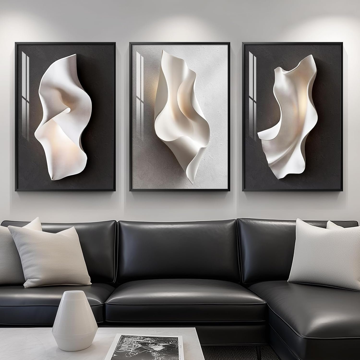 Framed Abstract Black and White Wall Art for Living Room, Large 3 Piece Modern Bright Style Artworks for Wall, Luxury Minimalist Painting Prints for Dining Room Hallway Office Wall Decor, 24×36 Inch