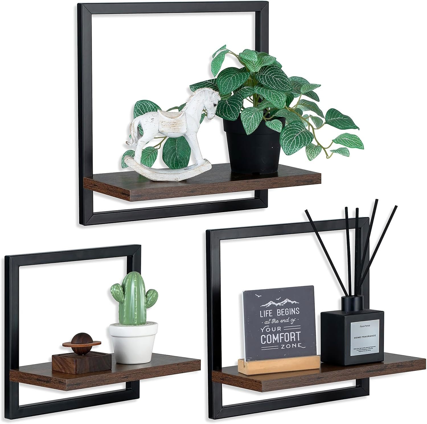 Wall Shelves for Living Room – Set of 3 Geometric Decorative Floating Shelf for Home Decor – Modern Industrial Wall Mounted Shelving Unit for Bedroom Bathroom Corner (Rustic Brown and Black)