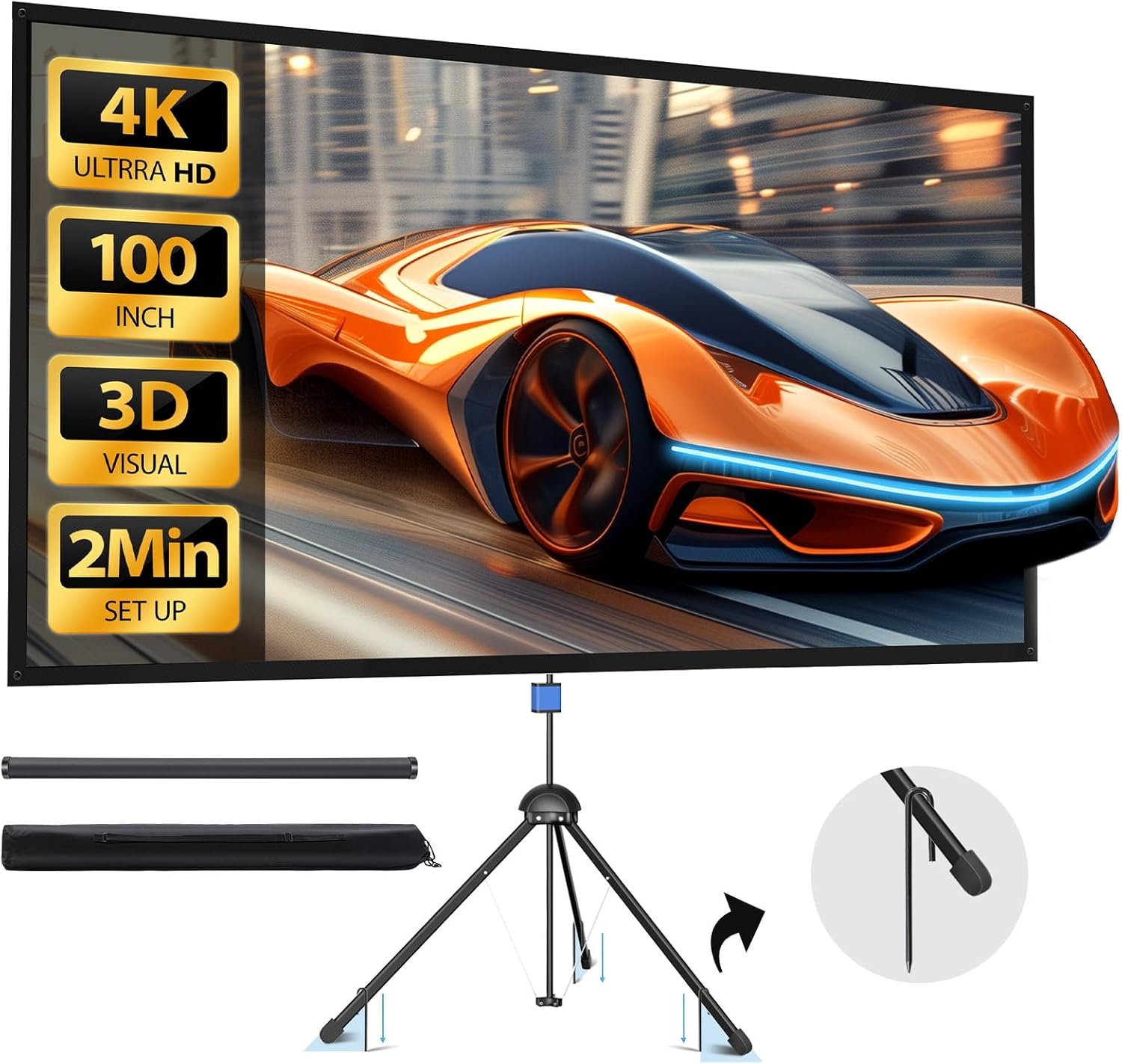 Projector Screen with Stand – 100″ Indoor/Outdoor 16:9, 4K HD PVC Screen with 1.5 Gain, 2IN1 for Backyard Theater & Wall Hanging, Includes Carry Bag