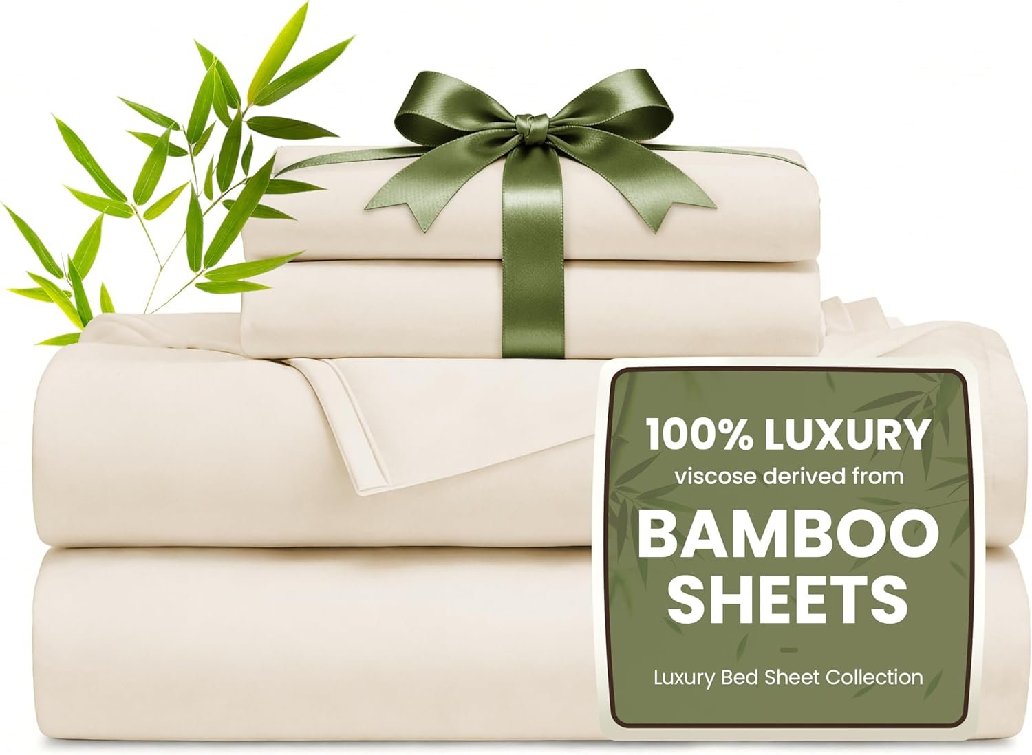 Love’s cabin 4 Piece Queen Sheet Set, 100% Rayon Derived from Bamboo, Cooling & Breathable, Soft Silky Deep Pocket up to 16″, Hotel Luxury Bedding for Hot Sleepers, Beige
