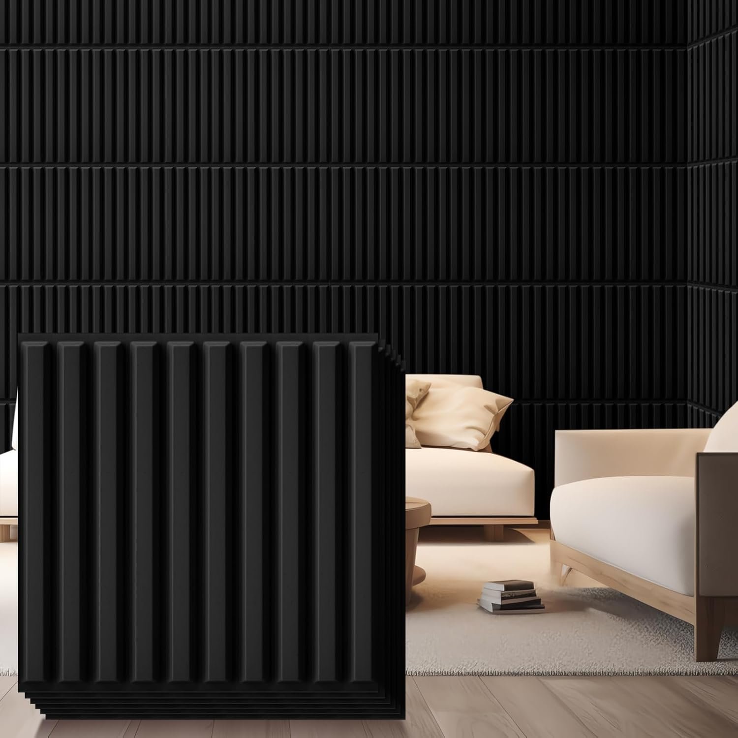 Nuanchu 32 Pcs 3D Wall Panels for Interior Wall Decor, 12”x12” Fluted Textured Black Accent Tiles Waterproof Paintable for Living Room TV Background Bedroom Bathroom Gaming Room, 32 Sq. ft Coverage