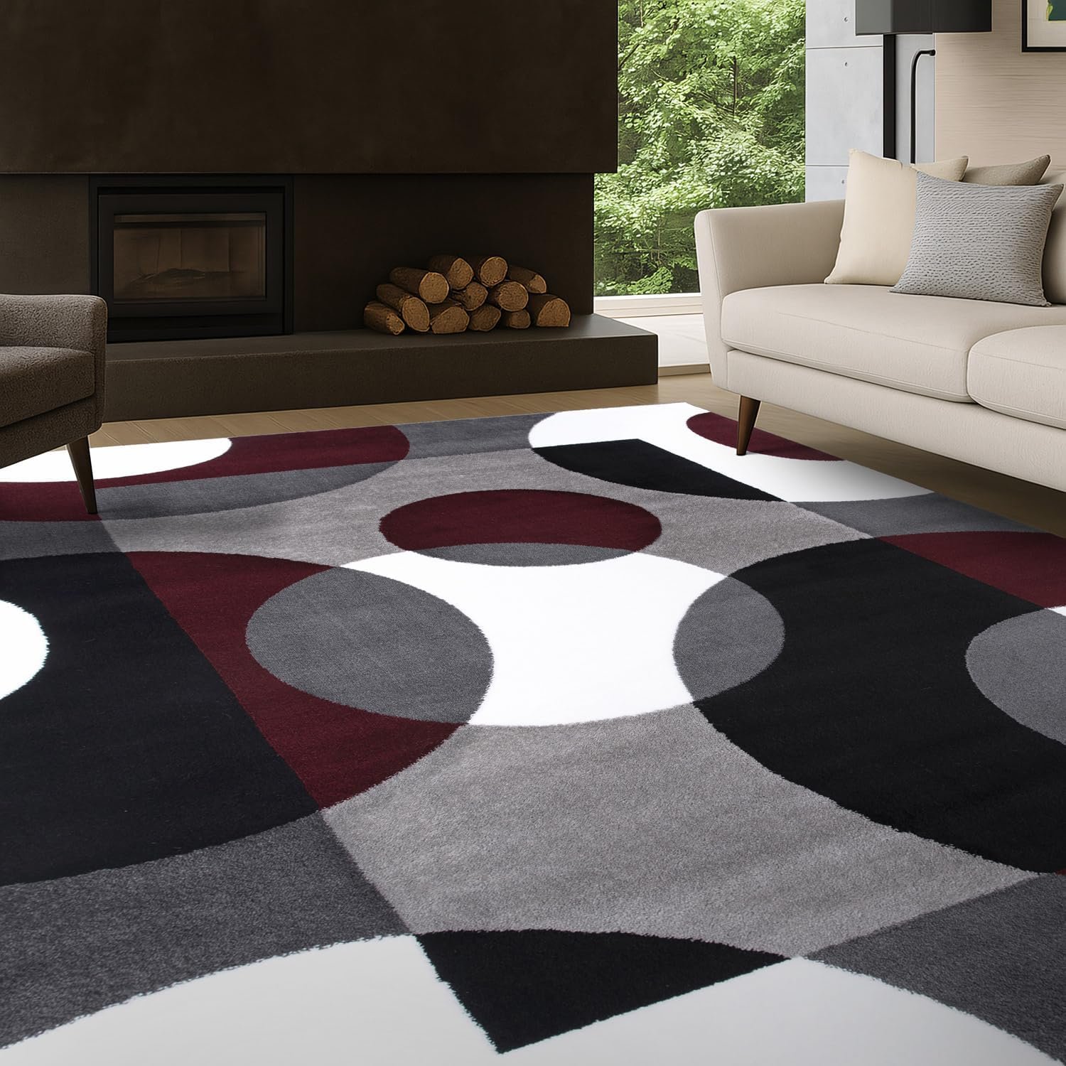 Rugshop Burgundy Geometric Area Rug, Contemporary Circle Design, Non-Shedding, Easy-Care Style for Living Room, Bedroom and Home Office, 5’3″ x 7’3″