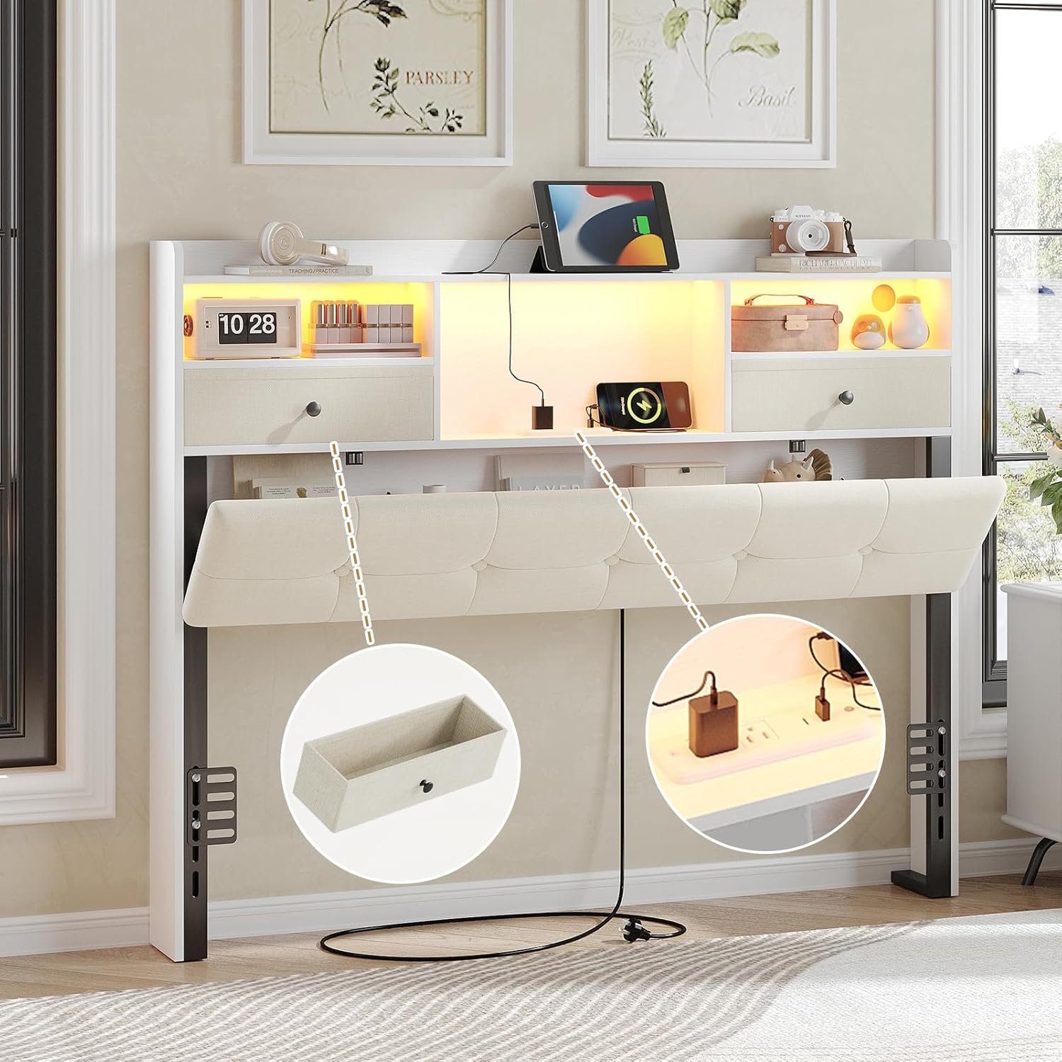 Maupvit Headboard Queen Size with Storage, Queen Headboard Only with 2 Drawers, Charging Station and LED Lights, Upholstered Headboards Easy Assembly, White&Beige