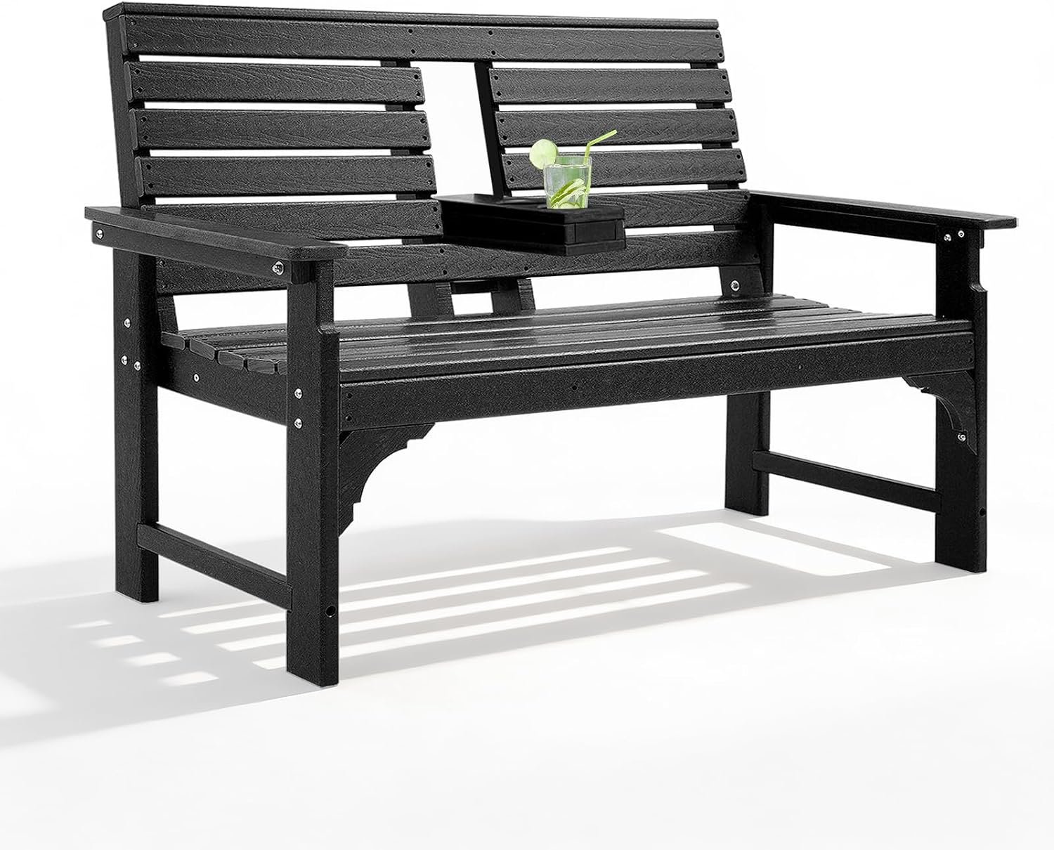 Outdoor Bench Weatherproof – HDPE 2-Person Garden Bench with Cup Holders, Bench Furniture with Backrest and Armrests, 700 lbs Capacity, Patio Park Bench for Front Porch Backyard Park (Black)