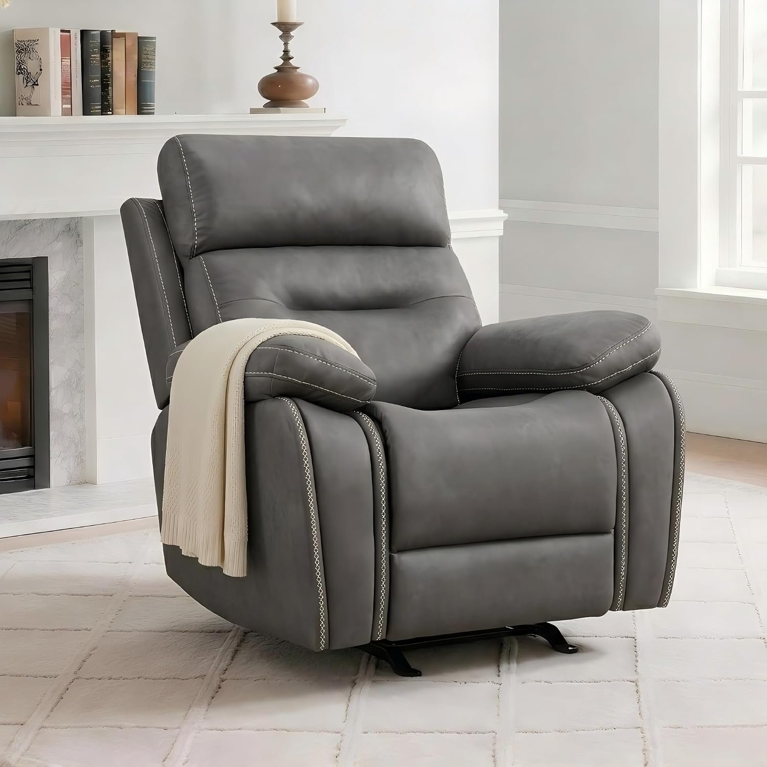 KISLOT Leather Recliner Chair Manual Sofa Rocker for Adults with Overstuffed Arm for Living Room Bedroom Home Theater Seating