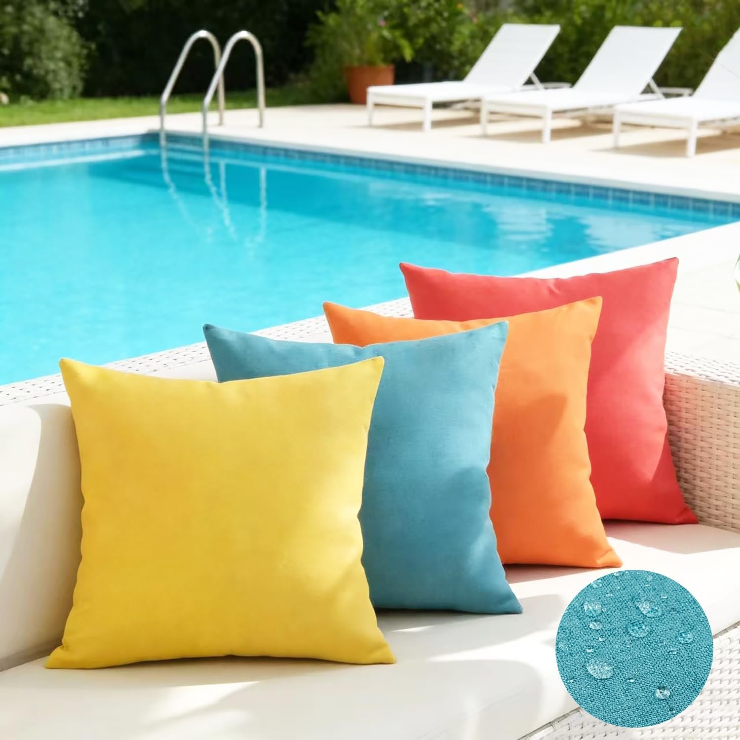 JOJUSIS Pack of 4 Waterproof Outdoor Throw Pillow Covers, Linen Farmhouse Decorative Cushion Cases for Patio Garden Couch Sofa Balcony Tent Red/Turquoise 18×18 Inch