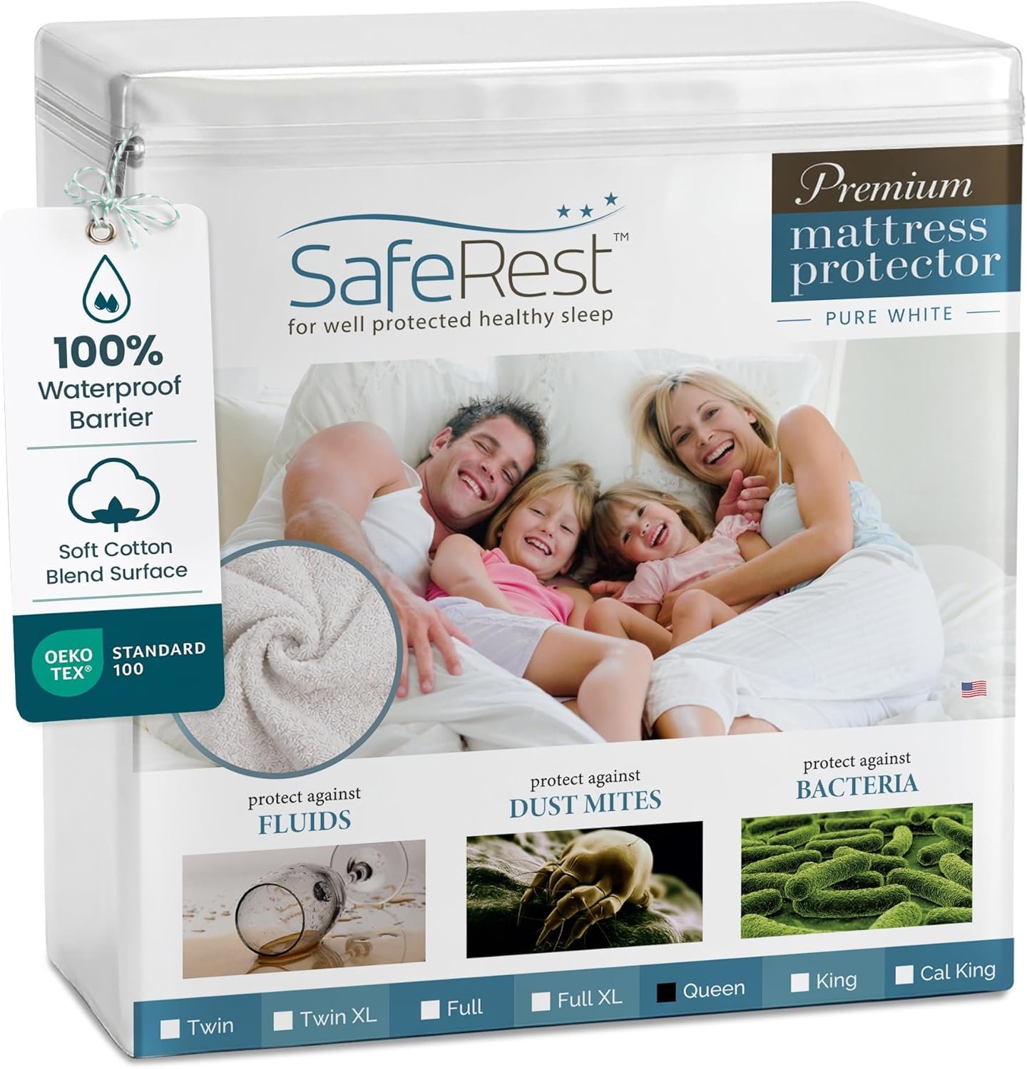SafeRest Waterproof Queen Size Mattress Protector – Fitted with Stretchable Pockets – Machine Washable Cotton Blend Mattress Cover for Bed