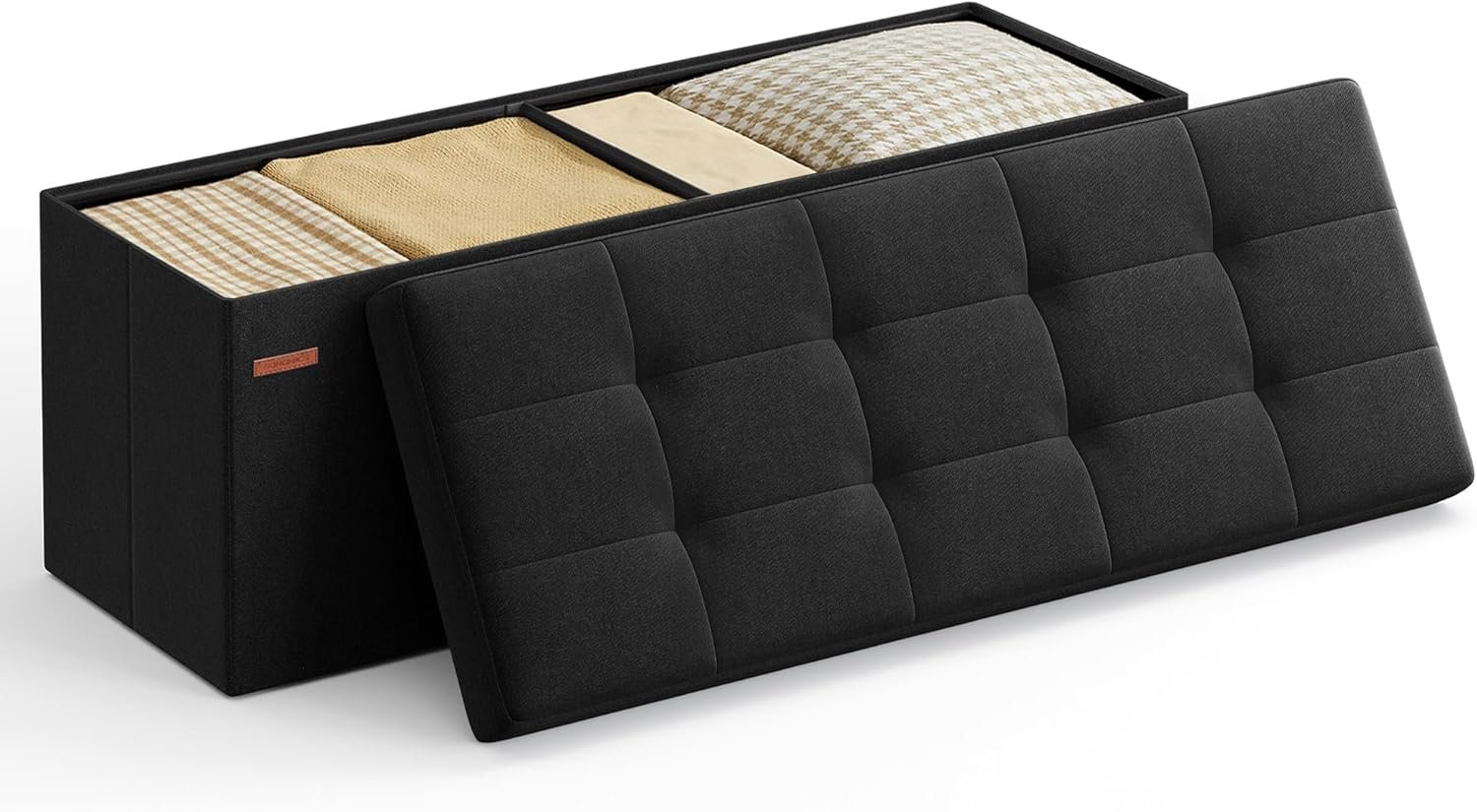 SONGMICS MAZIE Collection – 43 Inches Folding Storage Ottoman Bench, Ottoman Foot Rest, End of Bed Bench, Storage Chest, Load 660 lb, for Living Room, Bedroom, Entryway, Ink Black ULSF077B01
