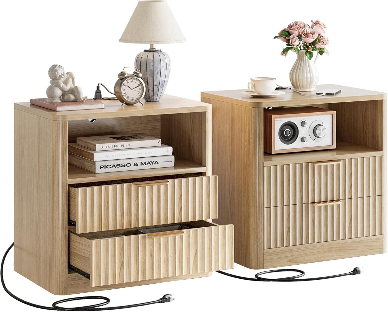 IRONCK Fluted Night Stand Set of 2, Modern Nightstand with Charging Station, Drawers and Open Shelves – Bedside Table Wood Side Table Set for Bedroom, Oak