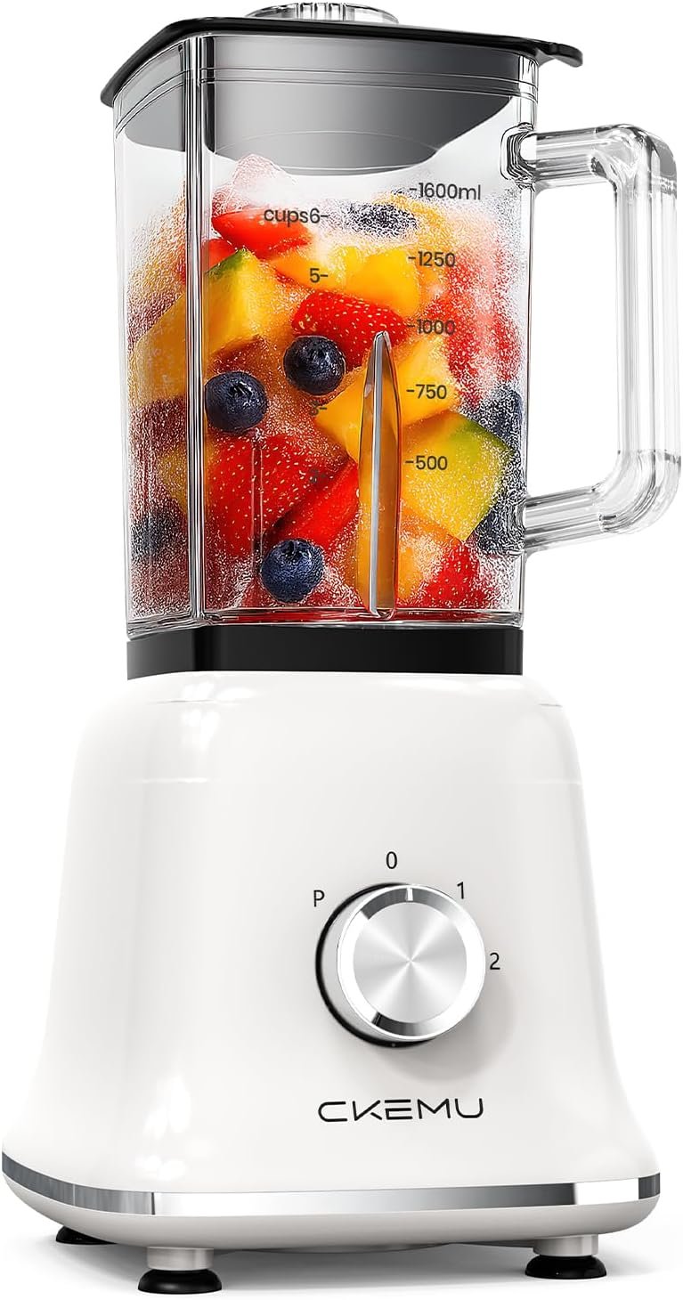 Professional Blender For Smoothies, Countertop Blender with 6 Cup Glass Jar, 3 Functions Including Puree, Crush Ice, 750 Watts (white)