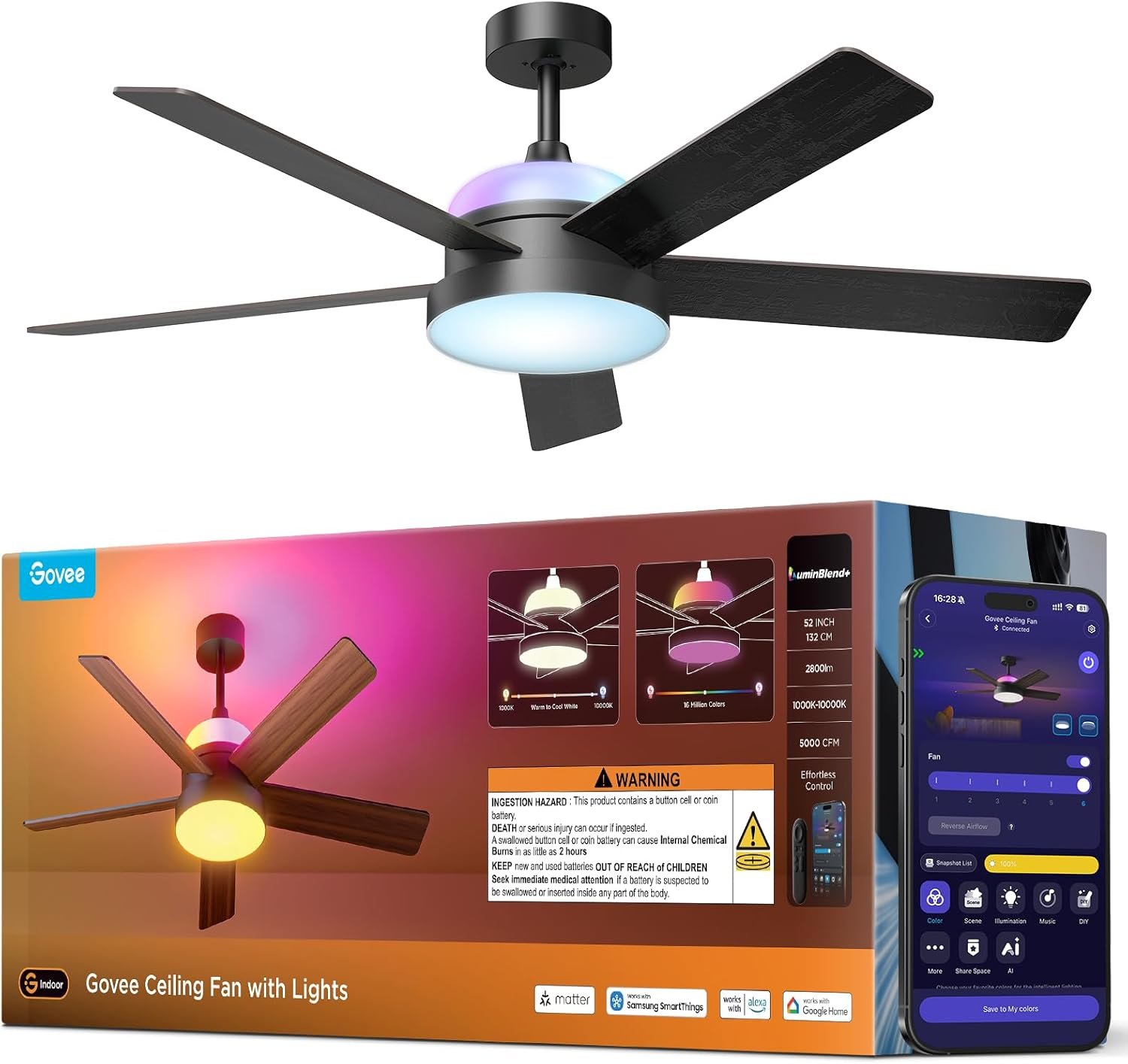 Govee Ceiling Fan with Lights, RGBIC Smart 52” Low Profile Ceiling Fan with Lights and Remote, Reversible DC Motor, Dimmable, 2800lm, Ceiling Fan for Bedroom, Living Room, Black
