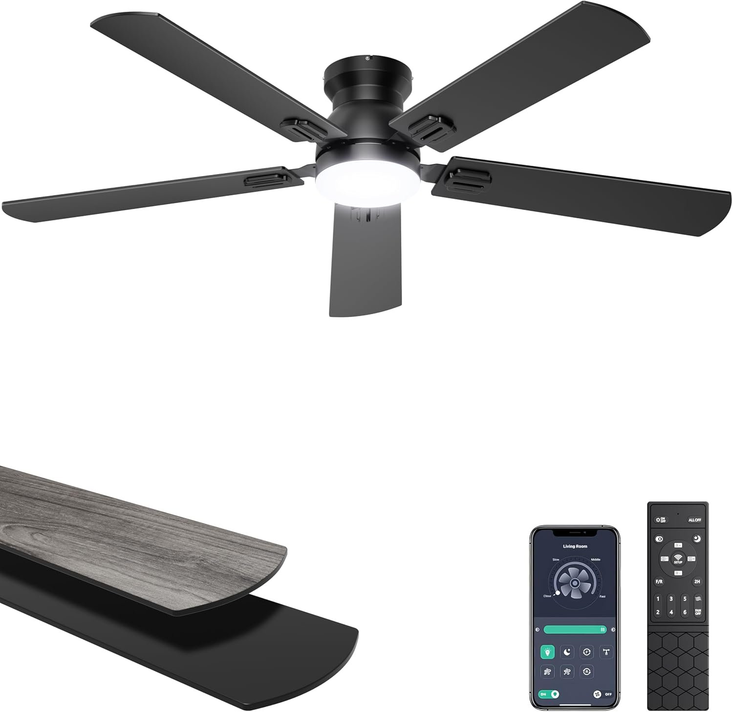 Ohniyou Ceiling Fans with Lights, 52 Inch Low Profile Ceiling Fan with Light and Remote/APP Control, Flush Mount, Dimmable, Quiet DC Motor, Black Ceiling Fan for Bedroom, Living Room