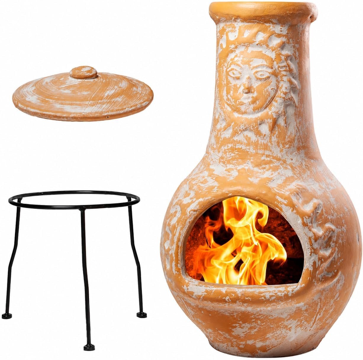 Wiosi Medium 𝗖𝗵𝗶𝗺𝗶𝗻𝗲𝗮 Outdoor Fireplace for Patio Clay Chimineas with Chimney Rain Lids and Solid Metal Stands – Yellow Terracotta Chimenea – Rustic Wooden Fire Pit Chimnea 16 x 16 x 32-inch