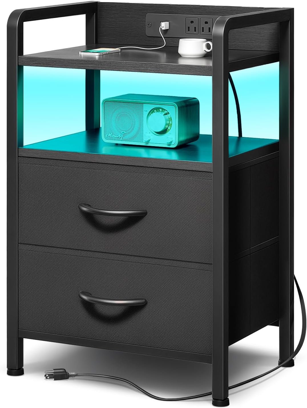 Lazzanto Night Stand Bedside Charger Bedroom – Nightstand with Charging Station & LED Light Strip, Night Stand with Storage Shelf & 2 Fabric Drawers, Morden End Table with U-S-B Ports & AC Outlets
