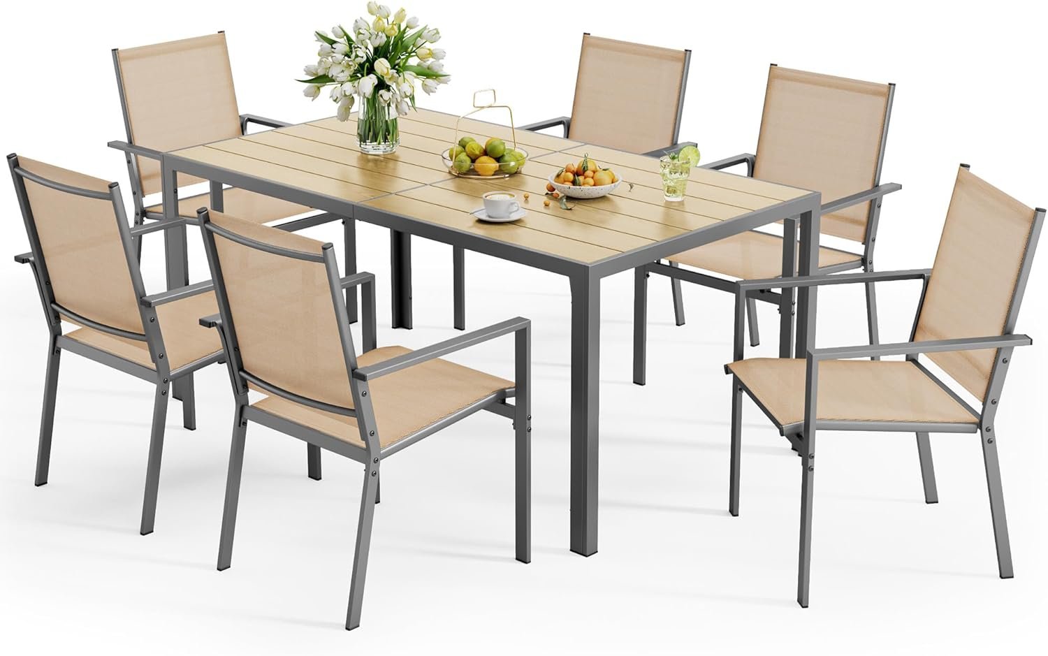 Ahomly Patio Table and Chairs Set for 6, Outdoor Dining Set Includes 59.5″ Rectangle Patio Table with Side Umbrella Hole and 6 Textilene Fabric Patio Chairs for Backyard, Courtyard, Poolside, Brown