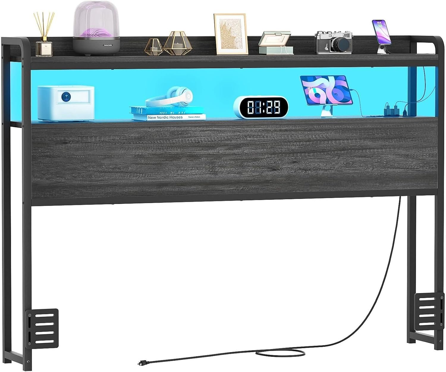 Aheaplus Headboard for Full Size Bed Frame, Headboards with Outlets, USB Ports and LED Light, Head Board with Storage, Height Adjustable, Sturdy and Stable Headboard, Full Size, Black Oak