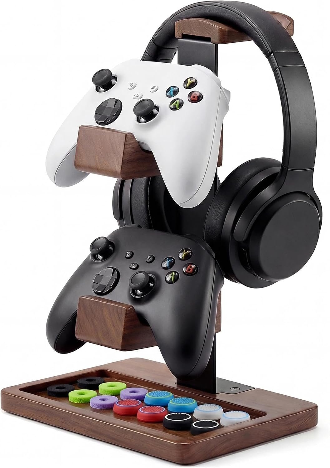 2-in-1 Solid Wood Headset Stand with Dual Game Controller Holder, Gaming Headphone Stand with Storage Base, 6 Joystick Sponge Rings and 8 Thumb Grips Gaming Equipment Accessories for Desk