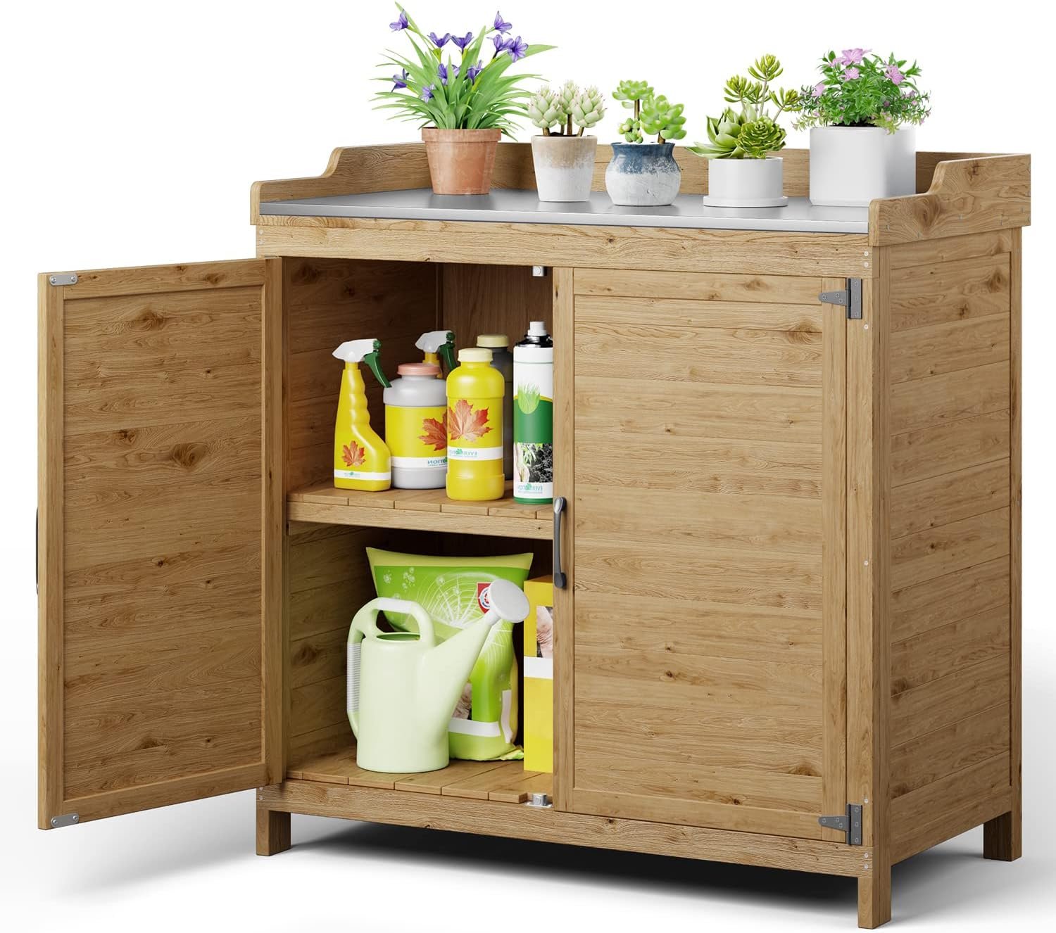 Gizoon Outdoor Potting Bench with Metal Tabletop, Outdoor Garden Patio Wooden Storage Cabinet with Adjustable Shelf, Double Doors Garden Work Bench for Backyard, Patio, Lawn – Natural