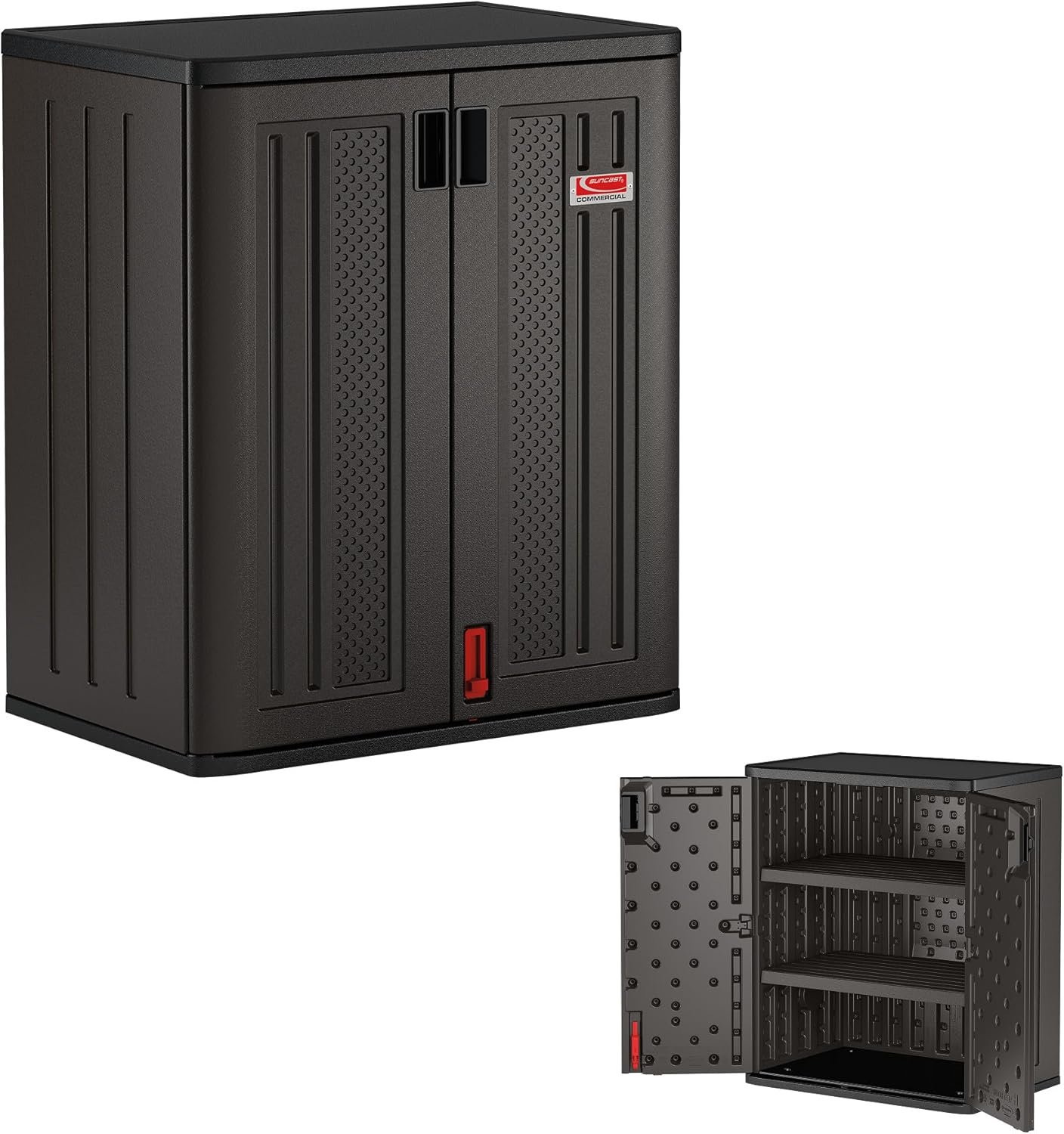 Suncast Heavy-Duty Resin Outdoor Storage Cabinet, 30″ W x 20.25″ D x 36″ H Dark Grey Base Garage Storage Cabinet with Lockable Doors and Metal Reinforced Shelves, Made in the USA