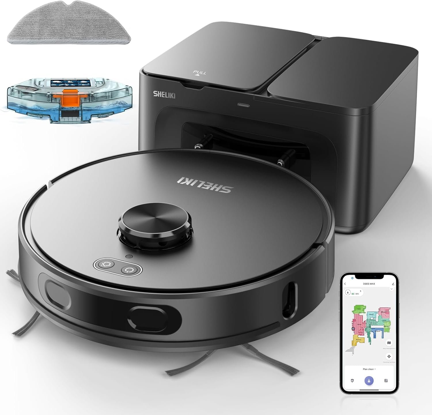SHELIKI Robot Vacuum and Mop, 3-in-1 Robotic Vacuums Cleaner Moping with 70-Day Self-Emptying Base, LiDAR Navigation Smart Mapping & Strong for Pet Hair, Hard Floor, Carpet