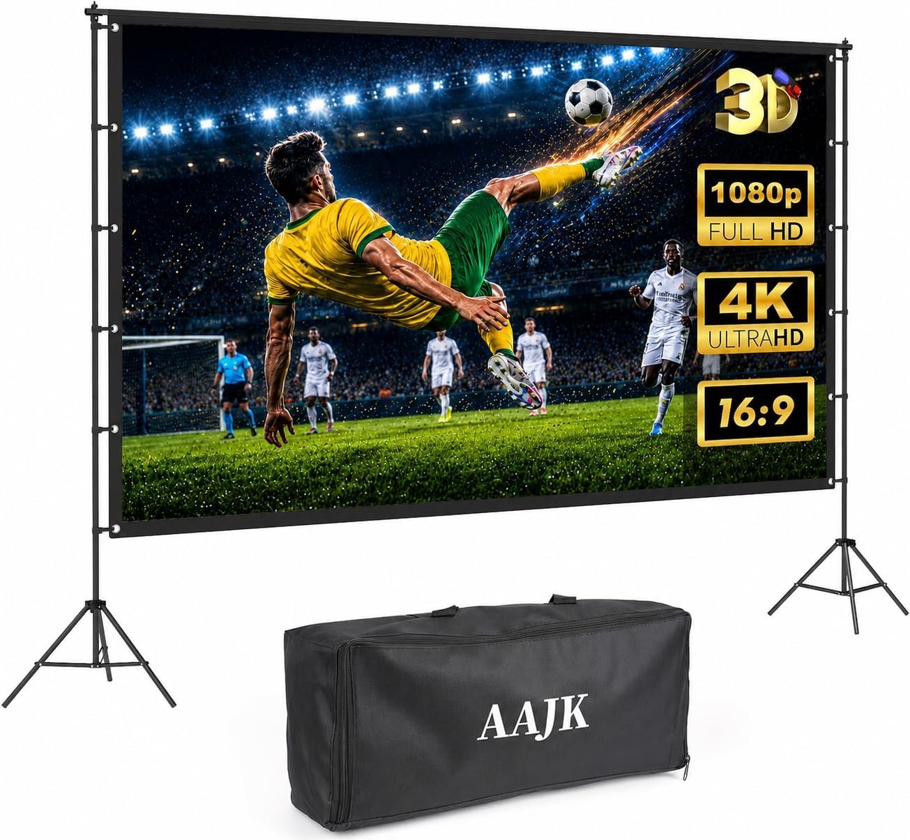 AAJK 120in Outdoor Projector Screen with Stand,Portable 16:9 4K HD Indoor Outdoor Projection Screen with Wrinkle-Free Design, Ideal for Home Theater and Backyard Cinema – Includes Carry Bag