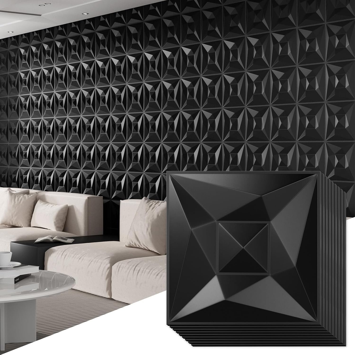 40 PCS 3D Wall Panels for Interior Wall Décor Black 11.8″*11.8″ Covering Panels, PVC Textured 3D Wall Tile for Living Room, Bedroom DIY Interior Décor