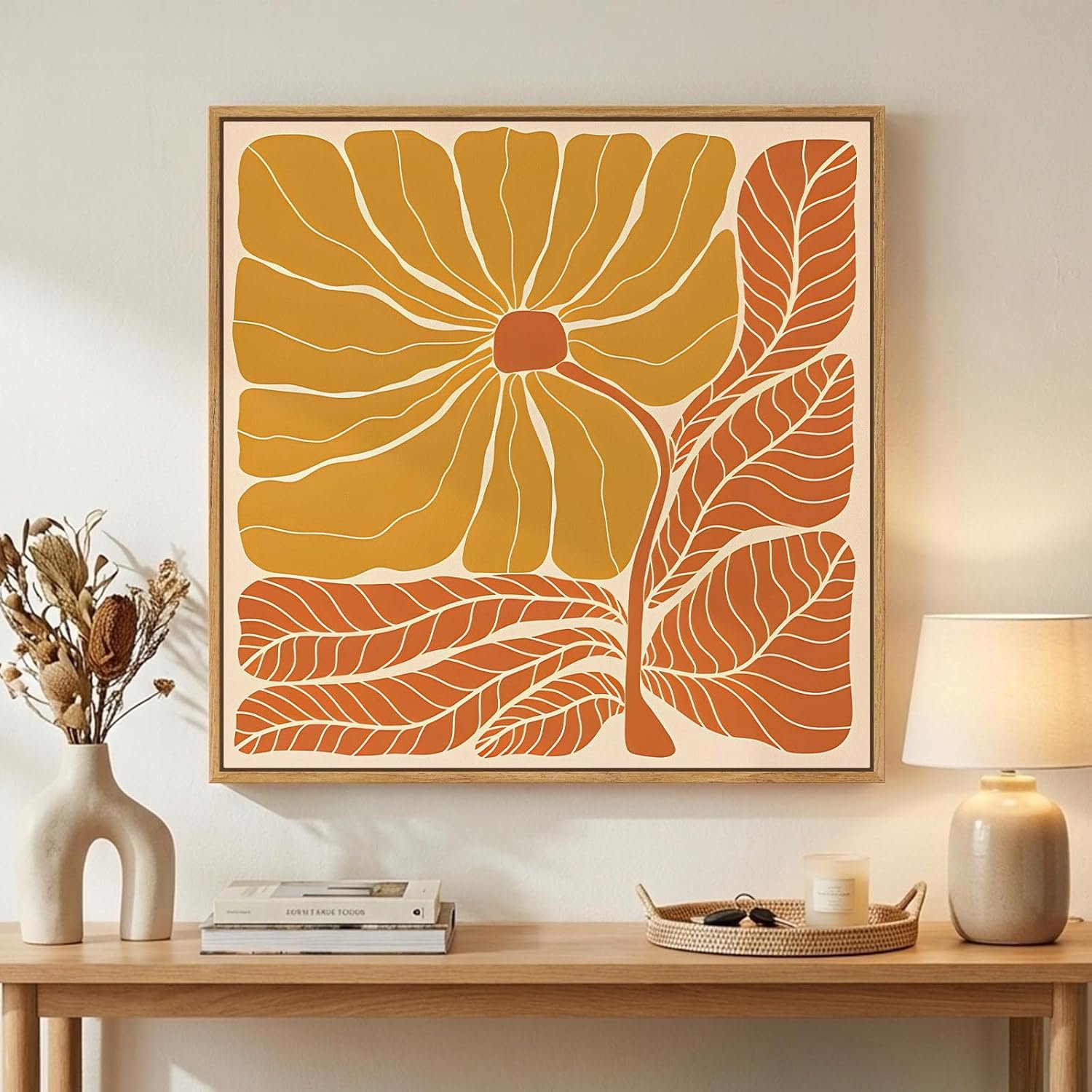 Framed Boho Abstract Floral Wall Art for Living Room, Square Orange Flower Canvas Artwork for Walls, Mid Century Modern Bohemian Pictures Wall Decor for Bedroom Dining Room Hallway Office, 24×24 Inch