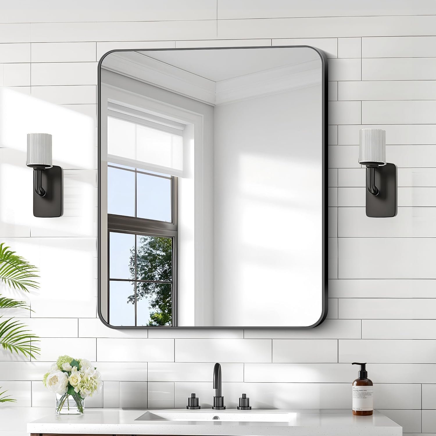 KOCUUY 30×36 Inch Rectangle Bathroom Mirror with Black Metal Frame,Modern Design of Wall Mounted Upgraded Shatterproof Glass, Rounded Corners for Bedroom, Living Room, Entryway