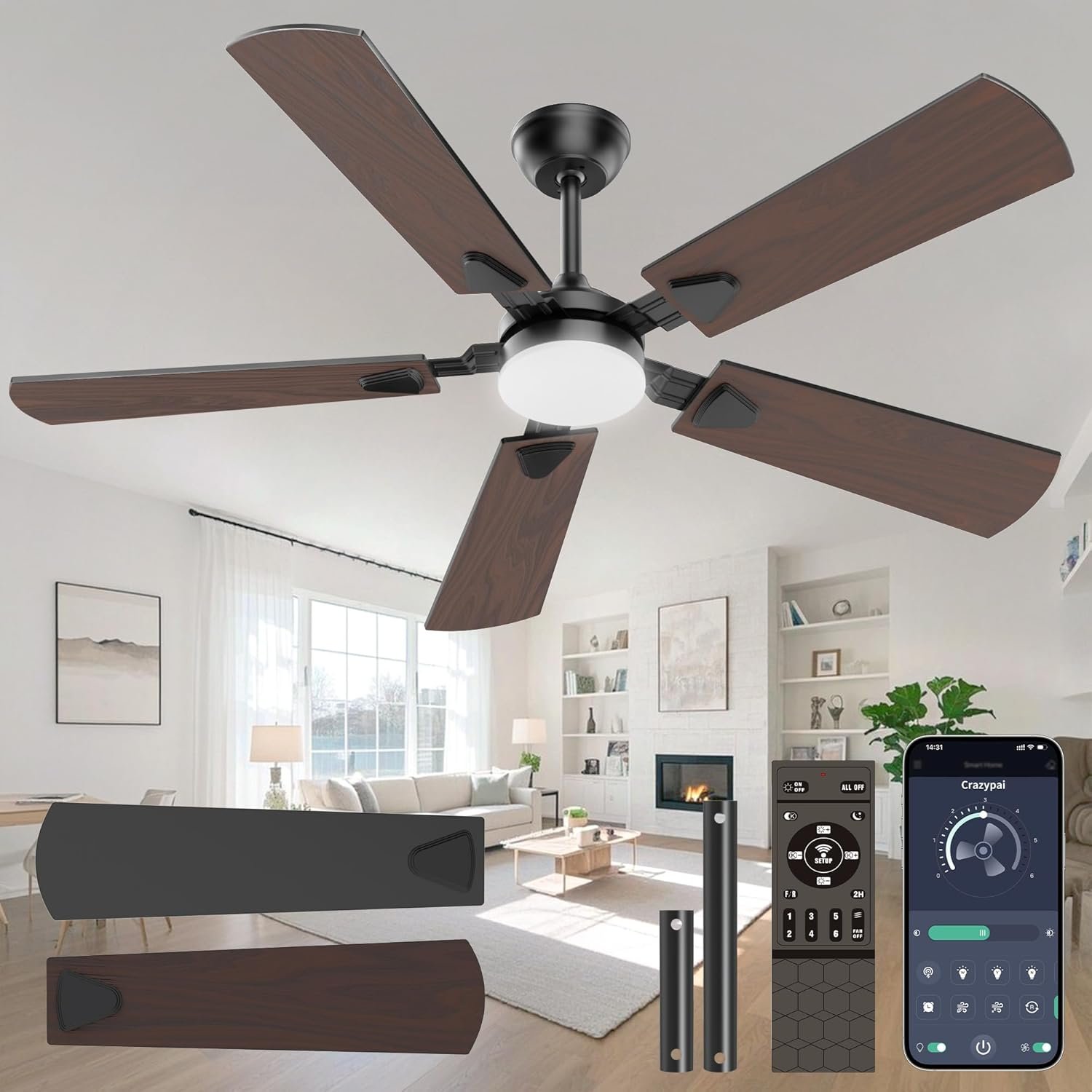 Ceiling Fans with Lights, 52 Inch Modern Ceiling Fans with Lights and Remote Control, DC Reversible Motor, Noiseless, 3CCT, Ceiling Fan for Bedroom, Living Room, Apartment Indoor/Outdoor Use
