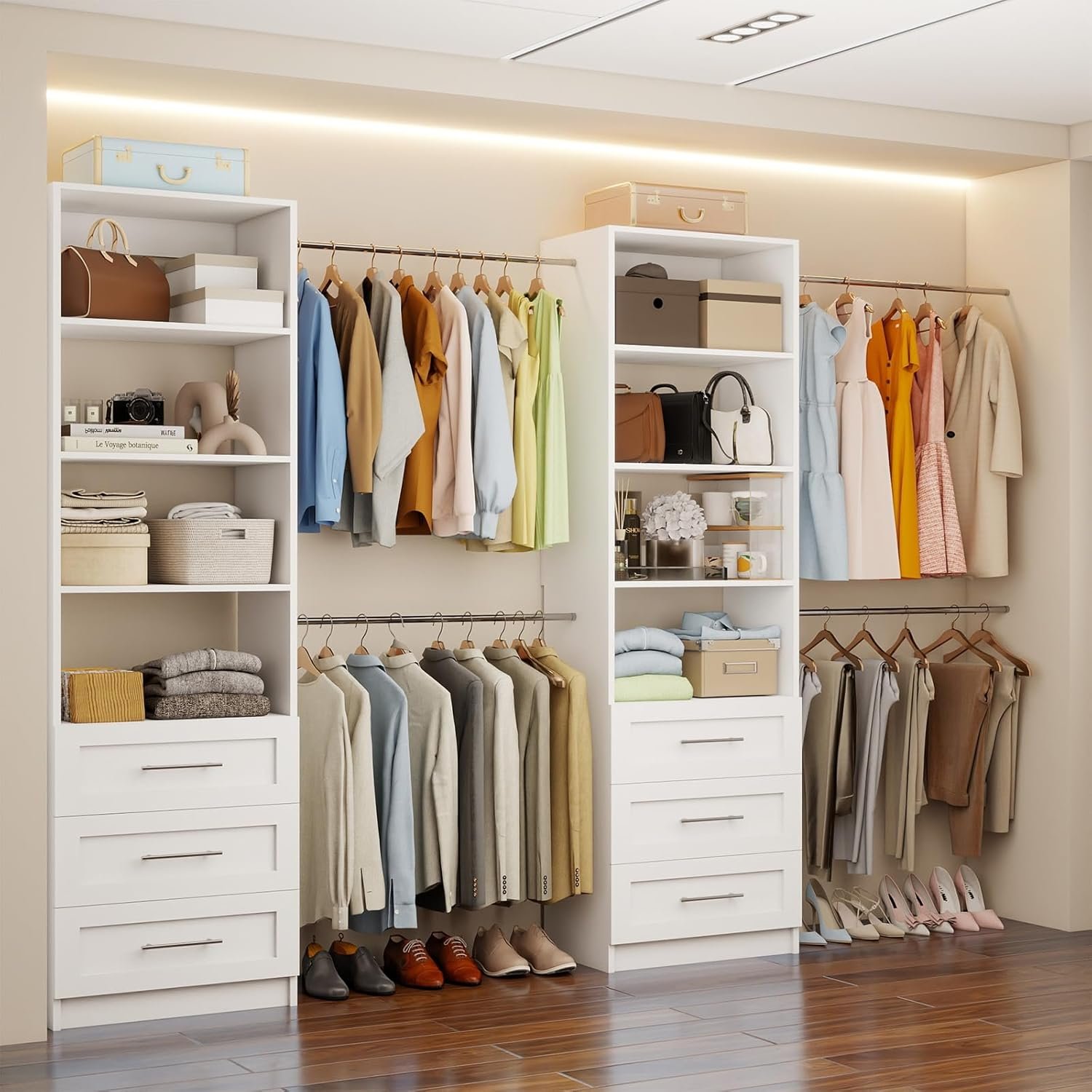 Closet System with 6 Drawers, 5-14FT Custom Closet Organizer System with 8 Expandable Hanging Rods&Adjustable Shelves, Modular Wood Closet Systems Tower for Walk in Closet Storage, 2 Sets, White