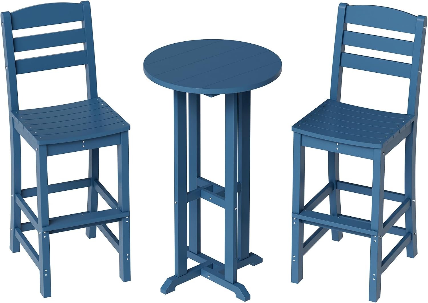 Vongrasig 3 Piece Patio Bar Set, All Weather HDPE High Bistro Stools Chair Set of 2 and Round Pub Bar Table, Outdoor High Top Patio Set for Lawn Garden, Balcony, Blue
