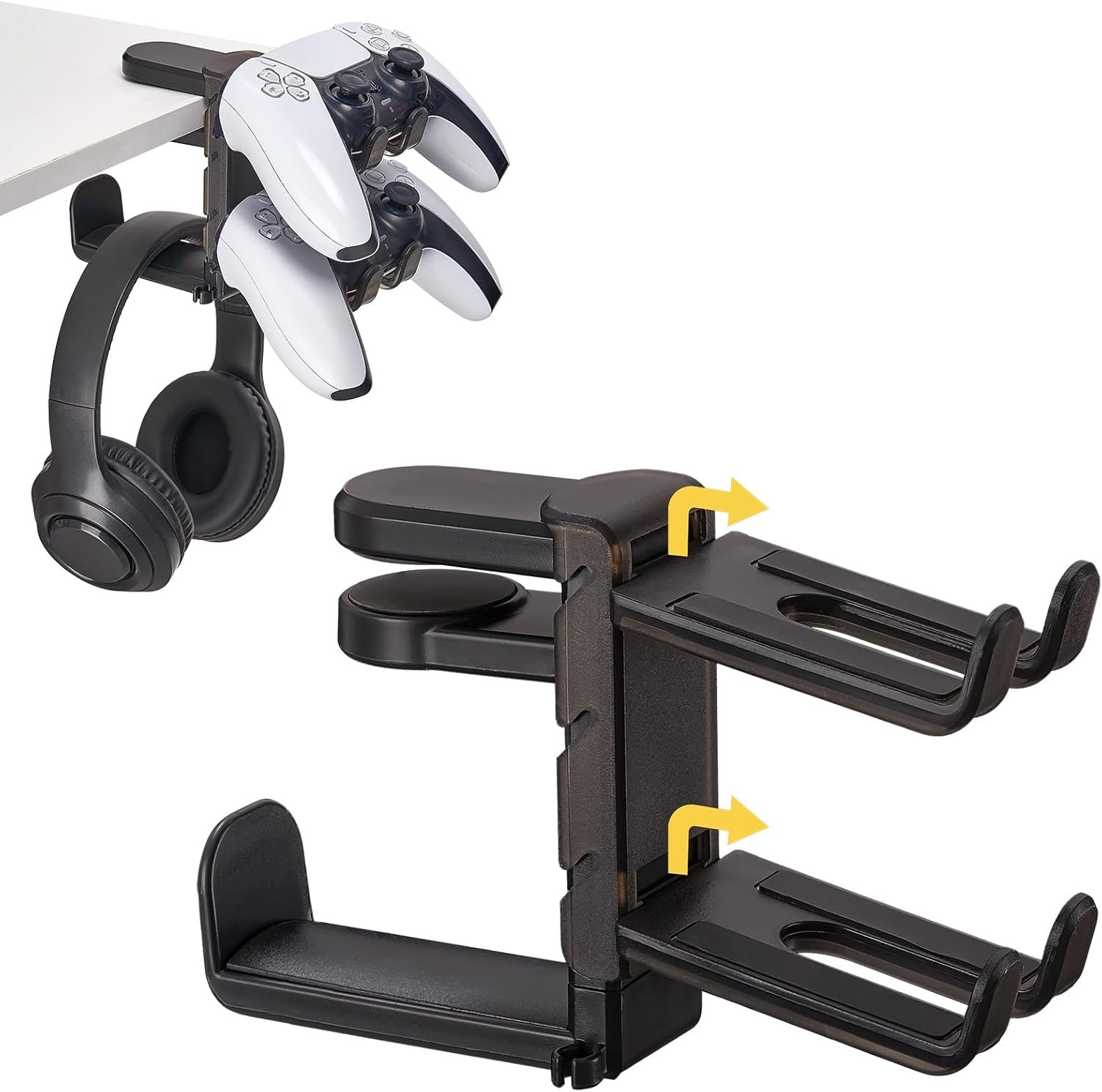 3 in 1 Under Desk Headphone Hanger with Adjustable Clamp Mount, 2 Controller Slots & 1 Headset Universal Holder Stand, Rotatable Hook Rack & Cable Organizer, for Home Gaming Xbox ps5 – Black