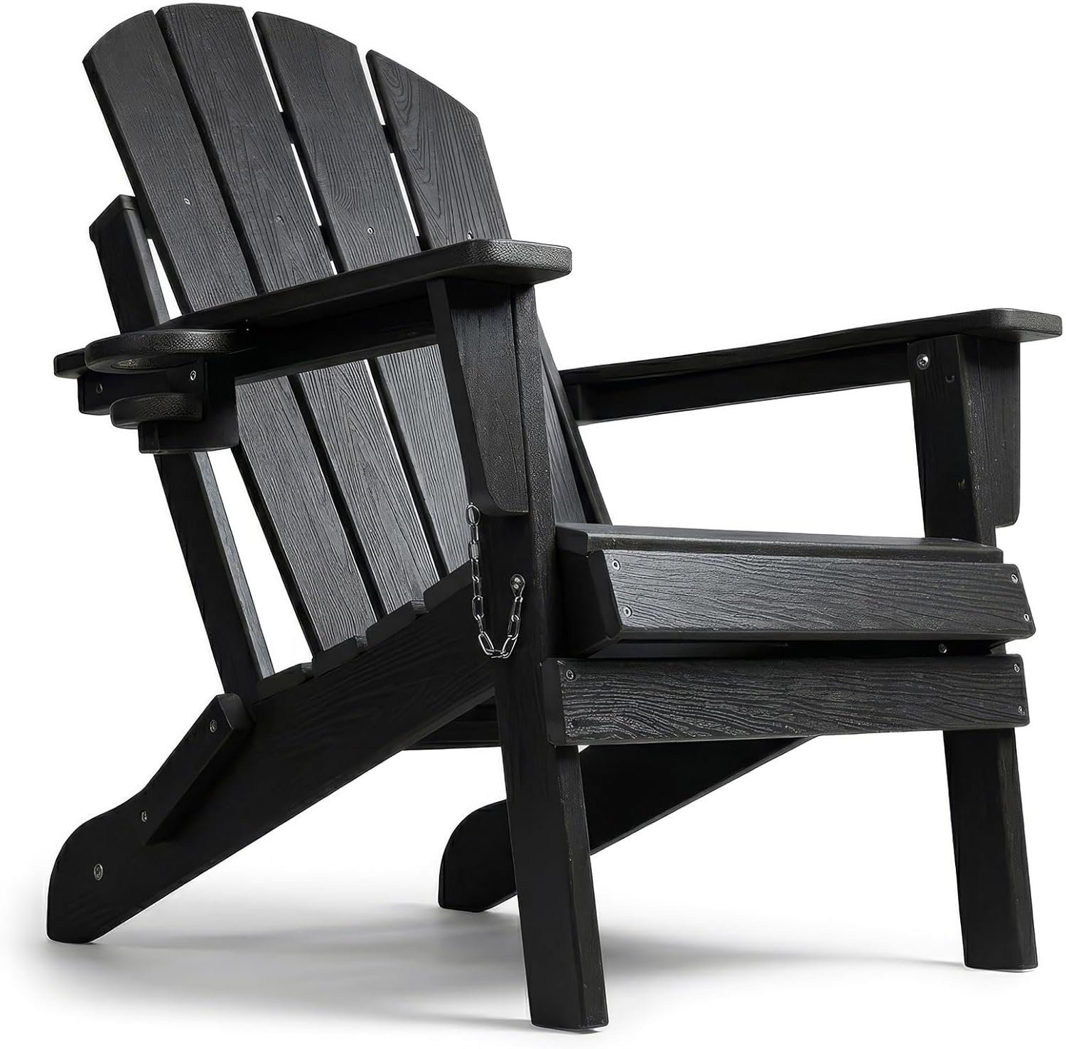 HDPE Folding Adirondack Chair, Outdoor Patio Chair with Cup Holder, Weather Resistant Wood Grain Lawn Chair for Backyard, Garden, Fire Pit, Deck, Black