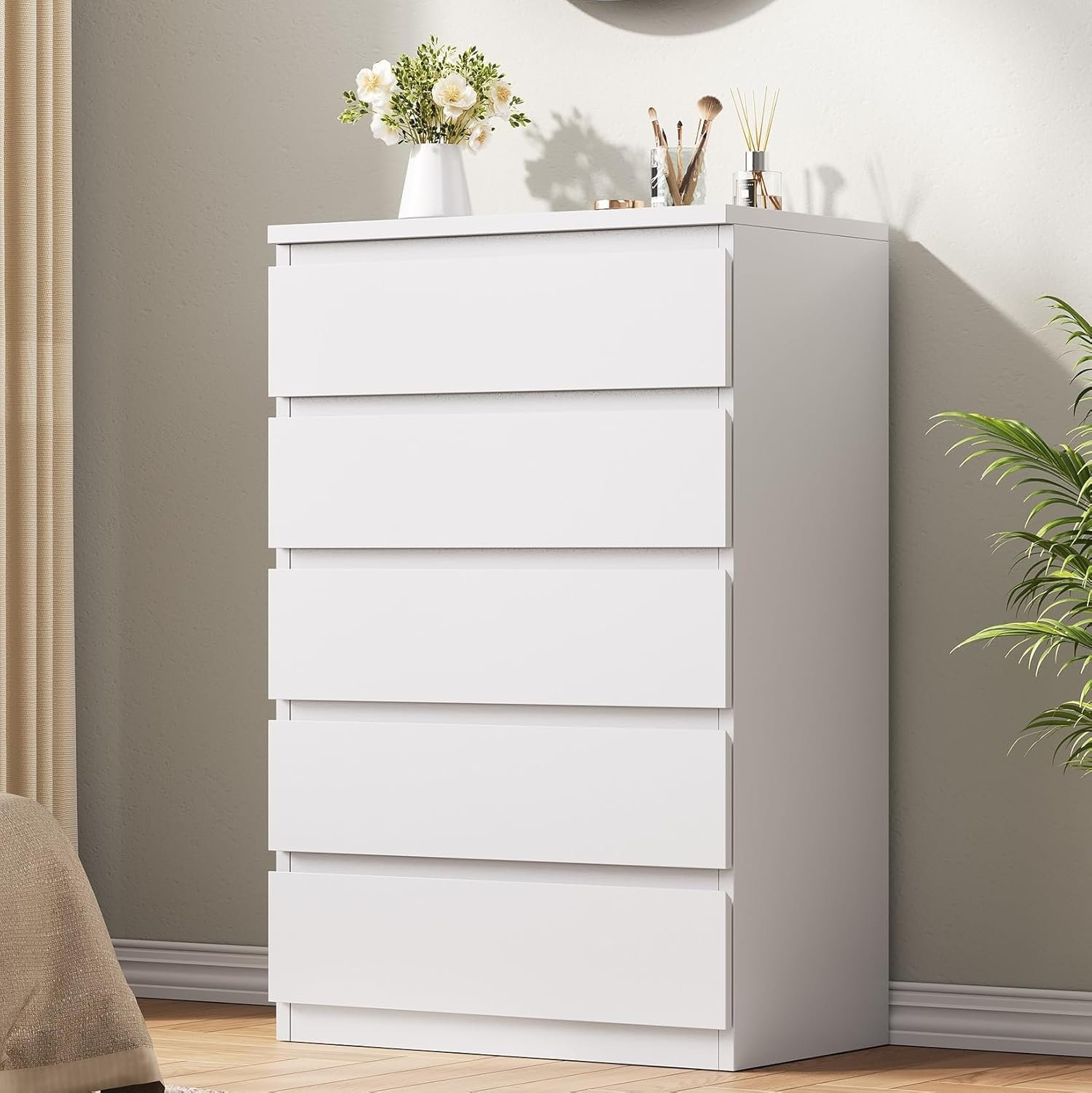 Jocoevol White 5 Drawer Dresser for Bedroom, 15″ D x 23.7″ W x 40.4″ H in Simply Modern Chest of Drawers, Wood Storage Dresser with Deep Drawers for Living Room Hallway Entryway, White