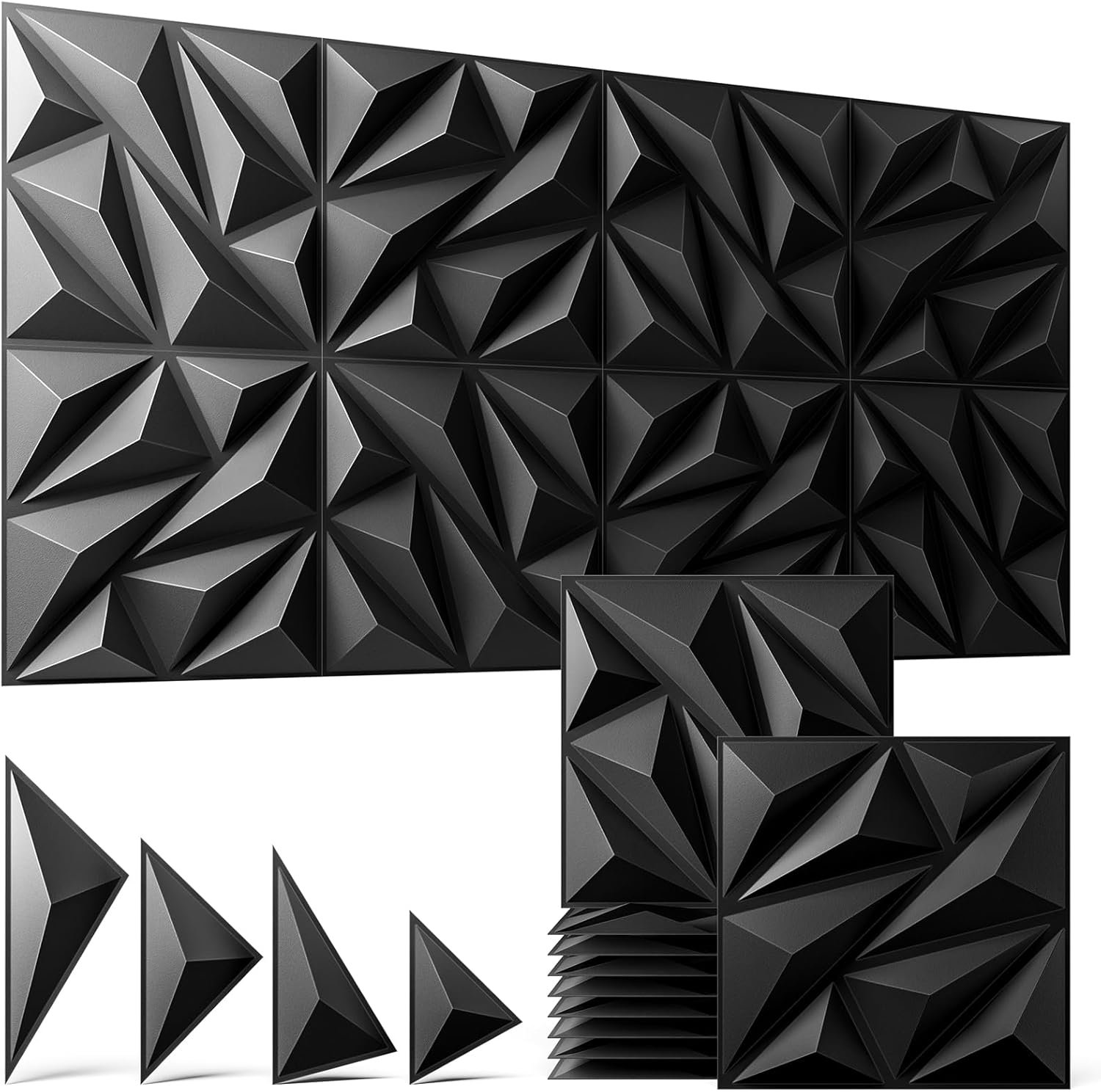3D Wall Panels Black 16 Pack (Covers 15.5 Sq.Ft), 12″ x 12″ Diamond Texture Premium PVC Wall Tiles for Interior Decor, Waterproof & Paintable Accent Paneling for Gaming Room, Living Room