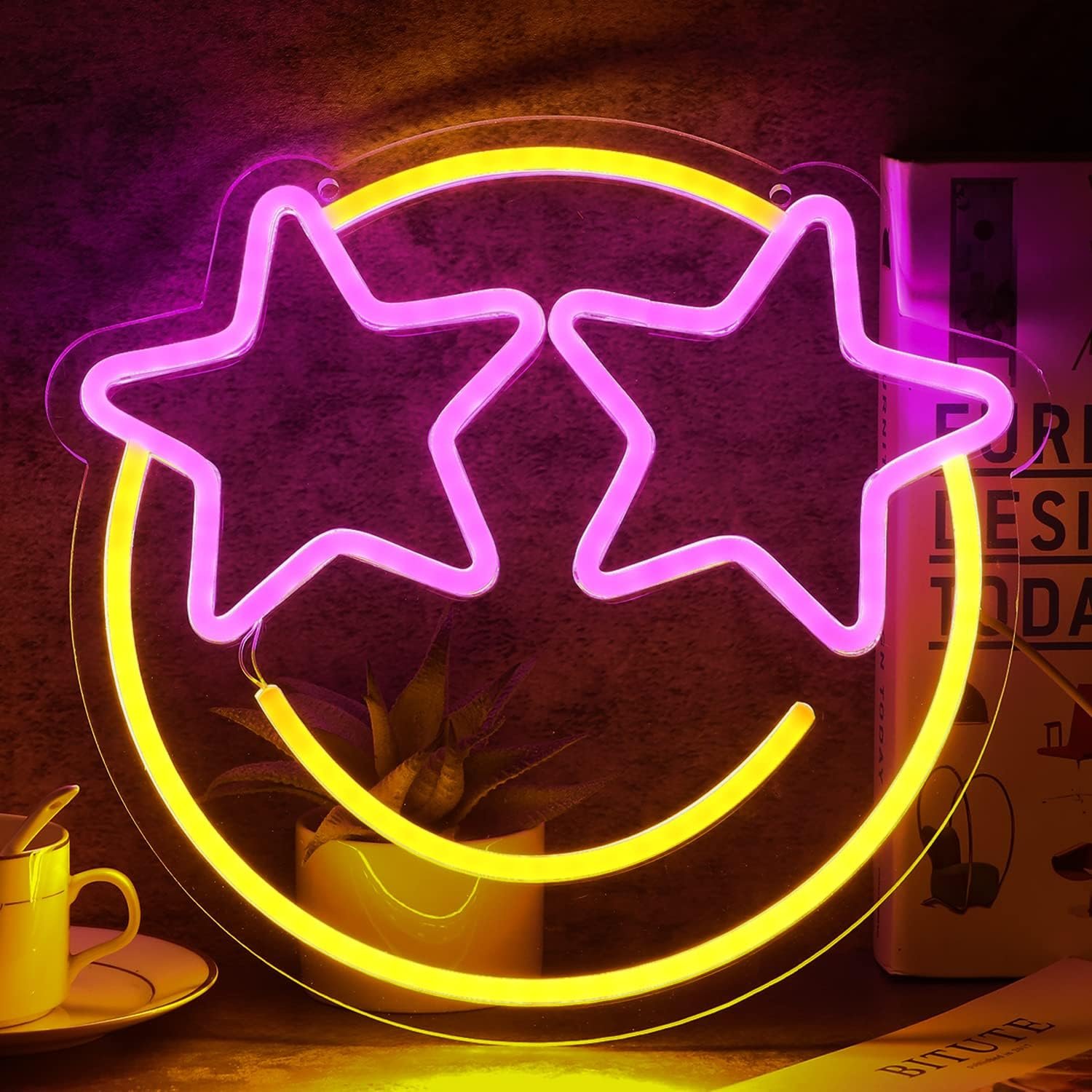 Wootfairy Led Lights Wall Decor: 12.2 * 11.41 in Dimmable Smiley Face Neon Sign for House Bedroom Game Room Classroom Bar Decoration – Yellow and Pink Light Up Signs Gifts for Wedding Birthday Party